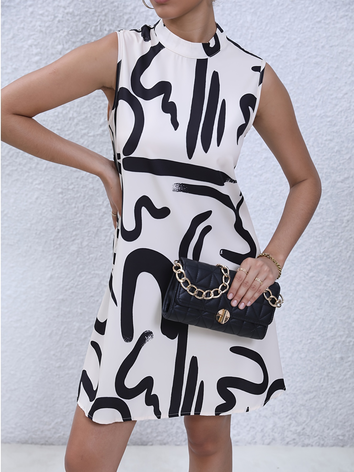 brush print mock neck dress sleeveless dress for spring summer womens clothing details 9