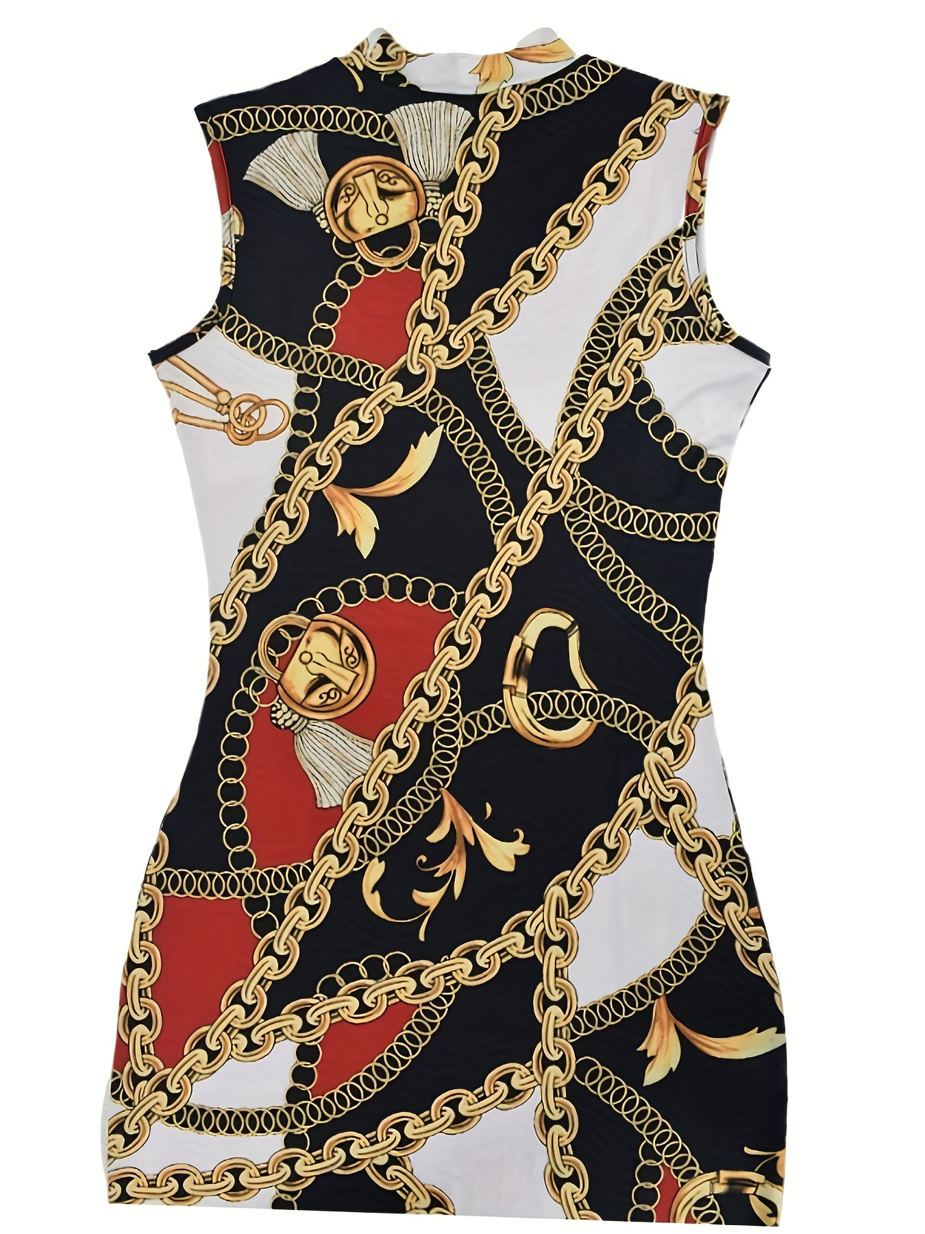 chain print tank dress casual crew neck slim sleeveless bag hip random printing dress womens clothing details 2