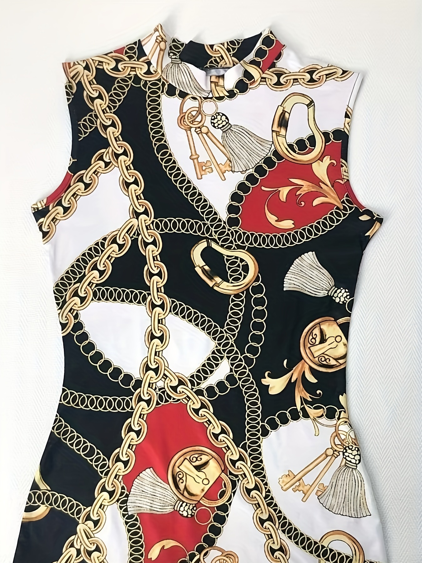 chain print tank dress casual crew neck slim sleeveless bag hip random printing dress womens clothing details 6