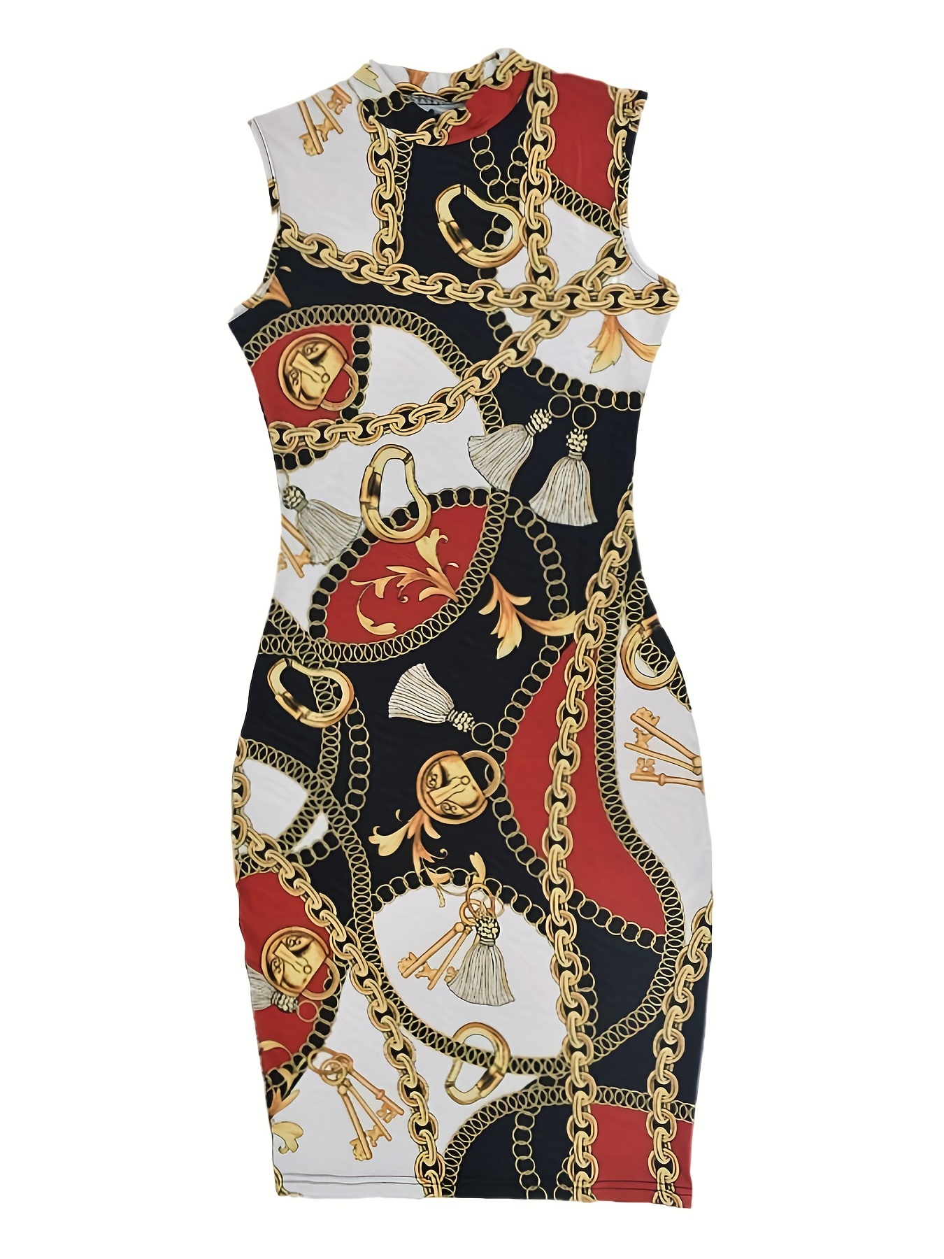 chain print tank dress casual crew neck slim sleeveless bag hip random printing dress womens clothing details 7