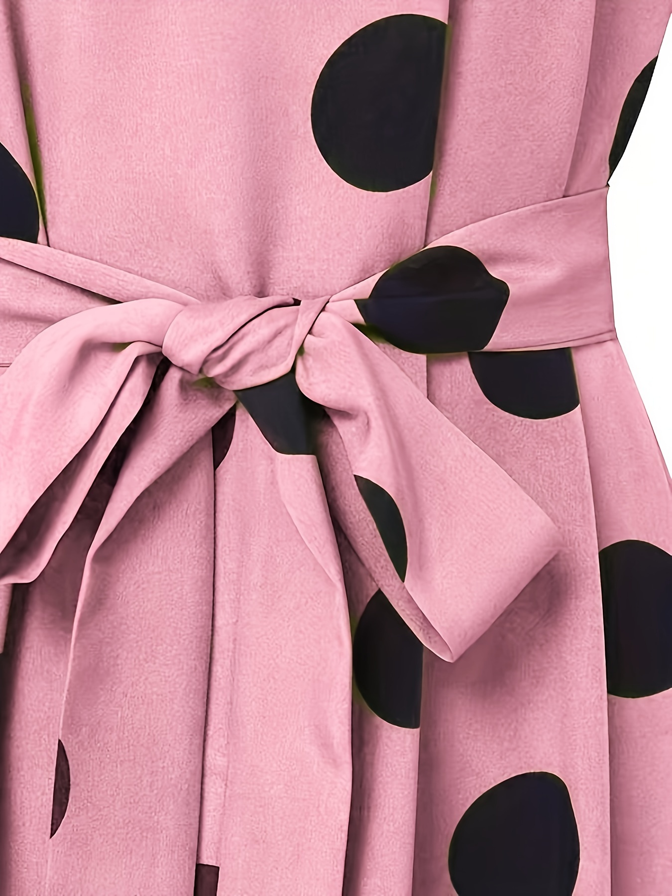 polka dot print crew neck dress elegant long sleeve belted dress womens clothing details 13