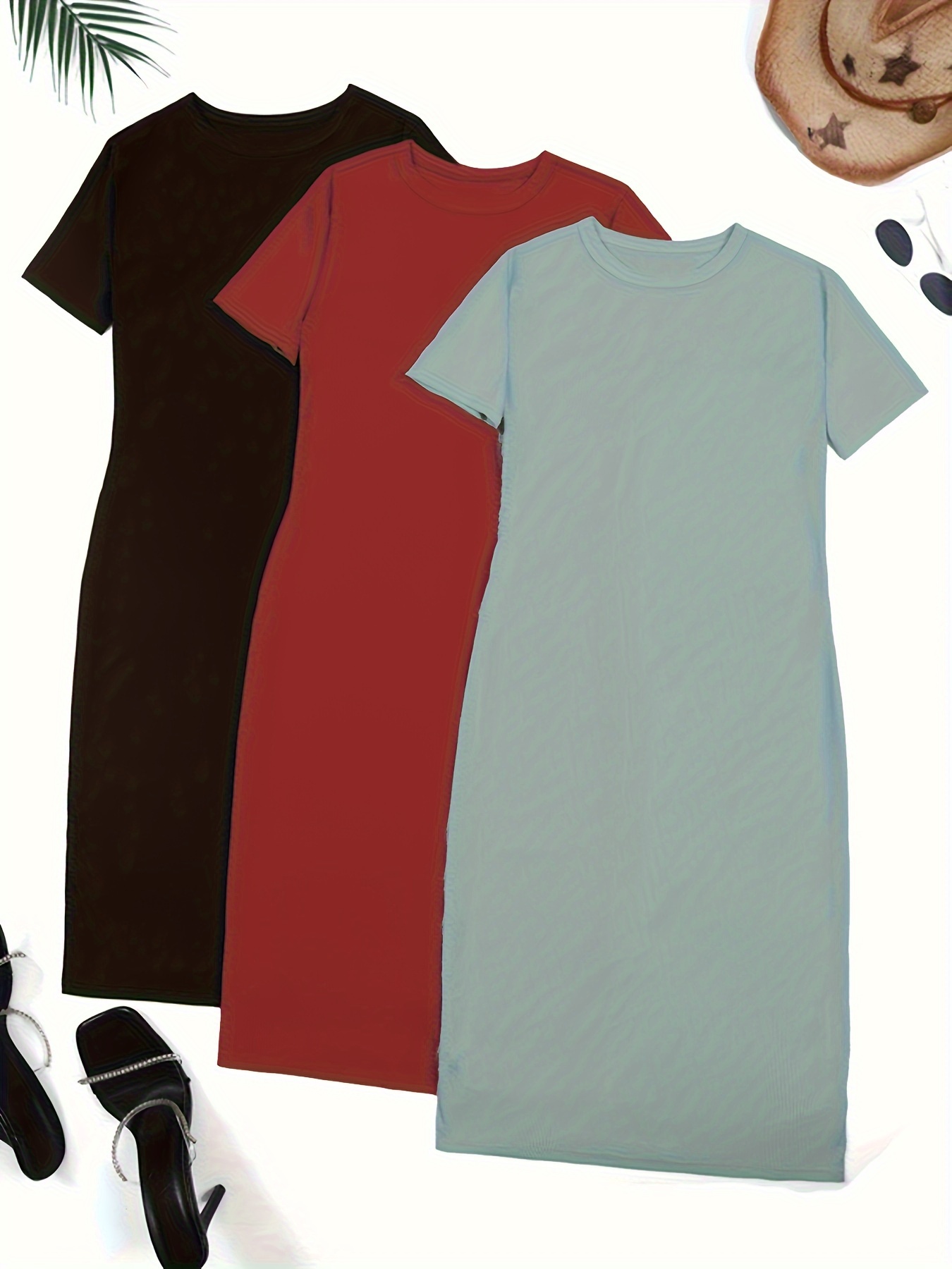 simple t shirt dress 3 pack casual crew neck short sleeve dress womens clothing details 0