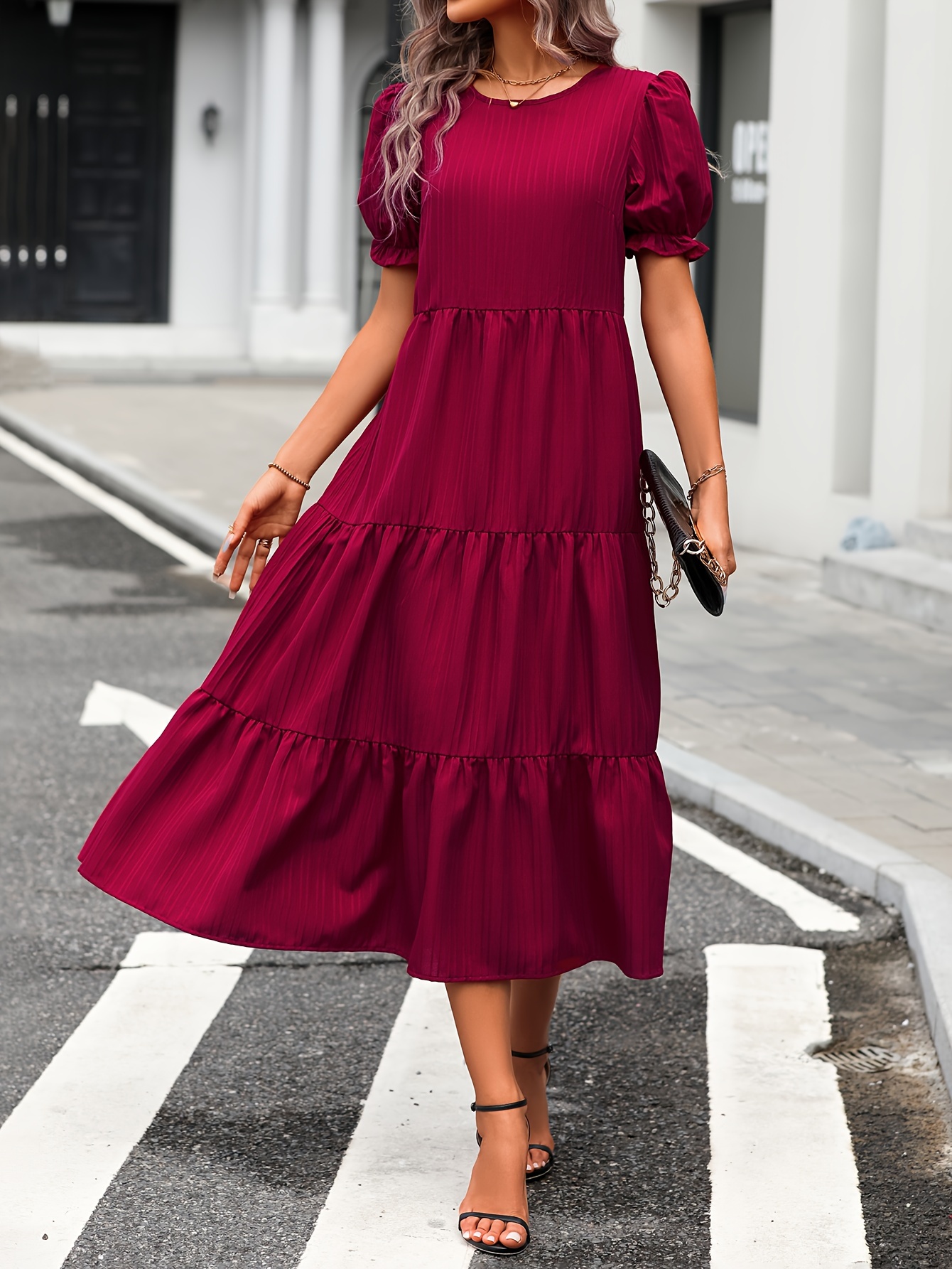leopard print puff sleeve dress boho crew neck tiered dress womens clothing details 0