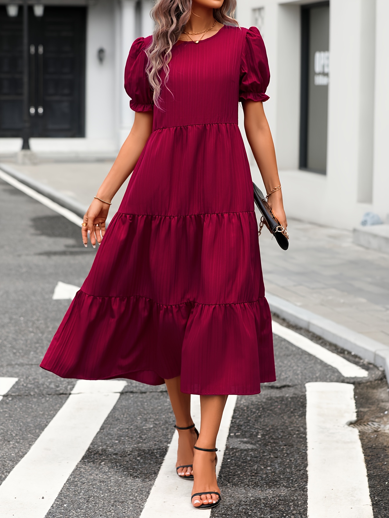 leopard print puff sleeve dress boho crew neck tiered dress womens clothing details 1