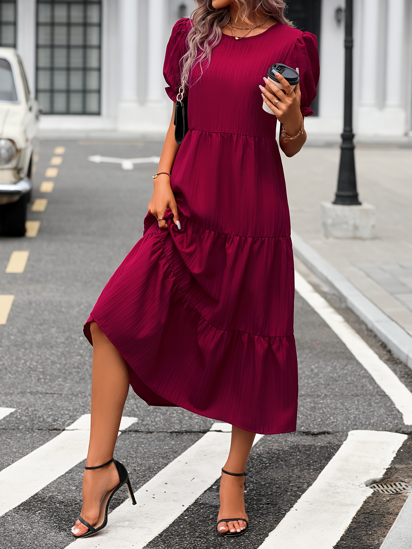 leopard print puff sleeve dress boho crew neck tiered dress womens clothing details 2