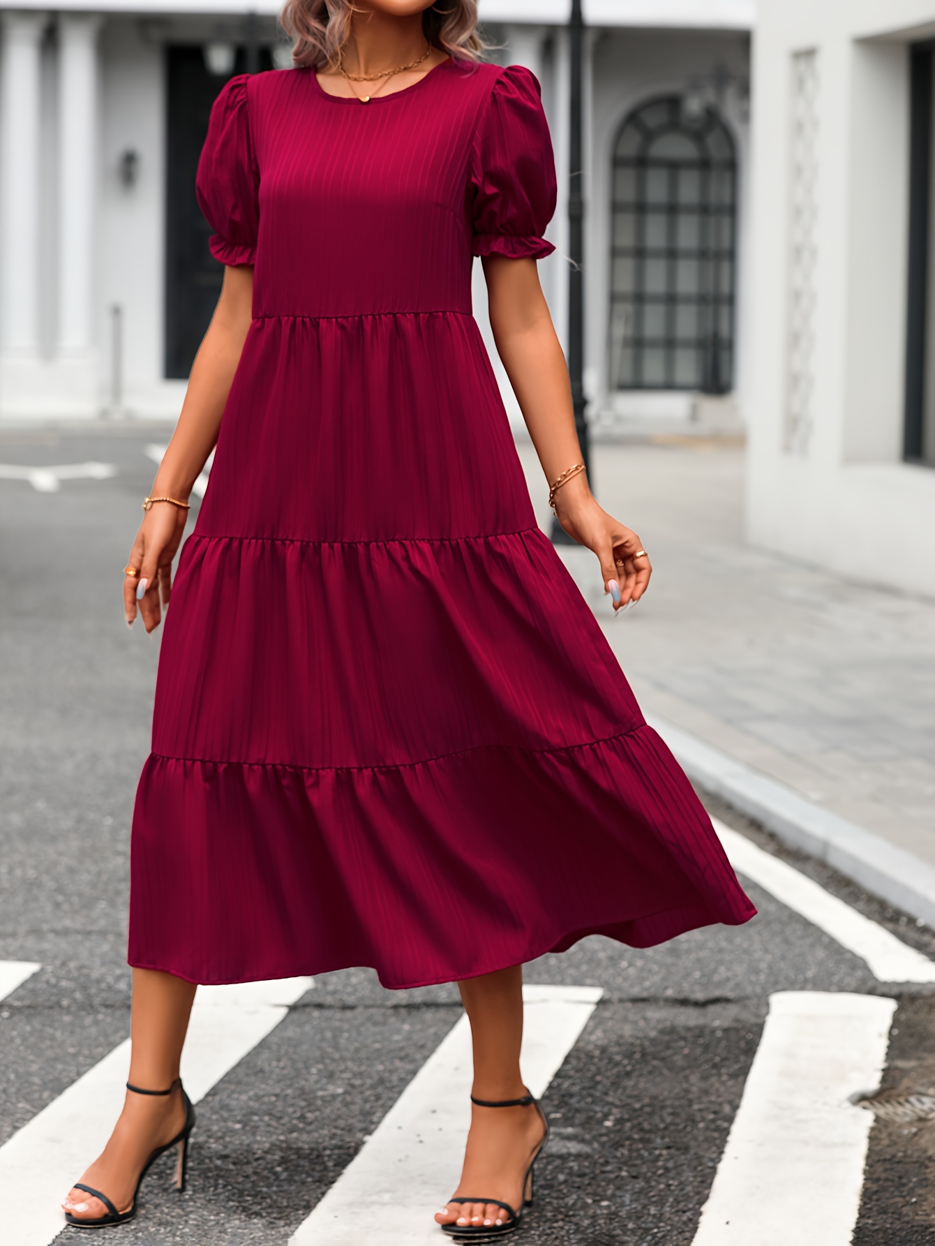 leopard print puff sleeve dress boho crew neck tiered dress womens clothing details 4