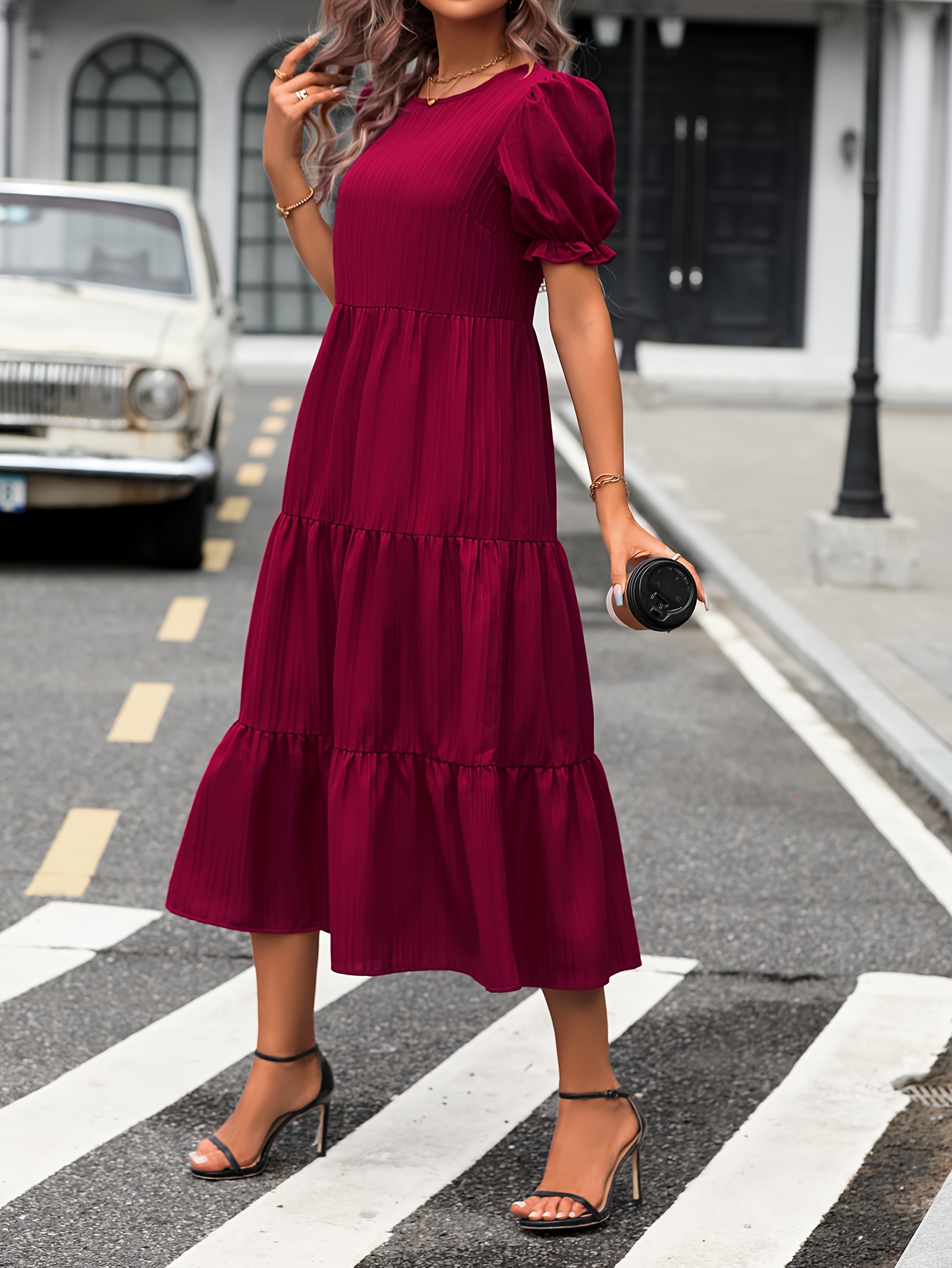 leopard print puff sleeve dress boho crew neck tiered dress womens clothing details 5