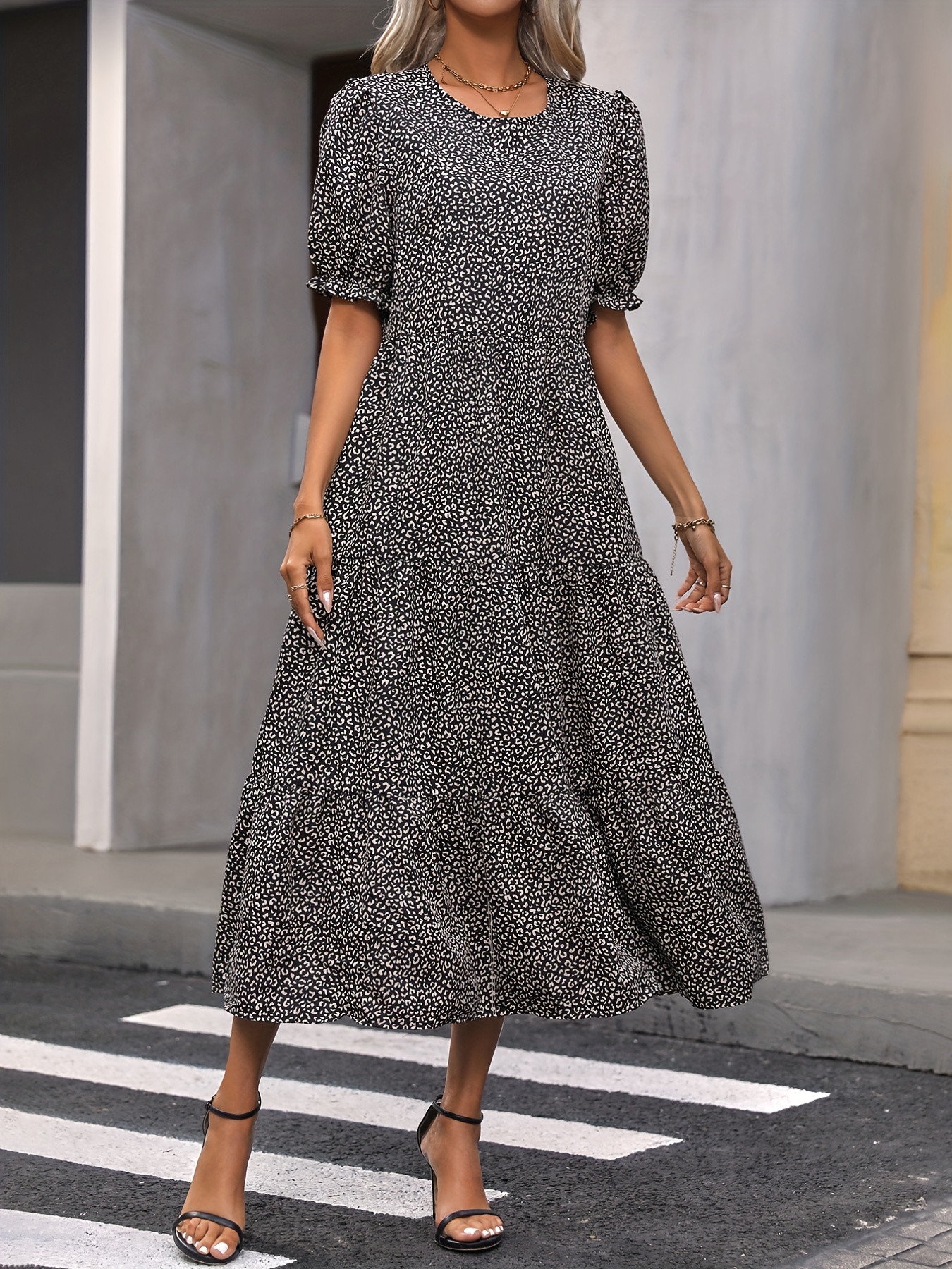 leopard print puff sleeve dress boho crew neck tiered dress womens clothing details 10