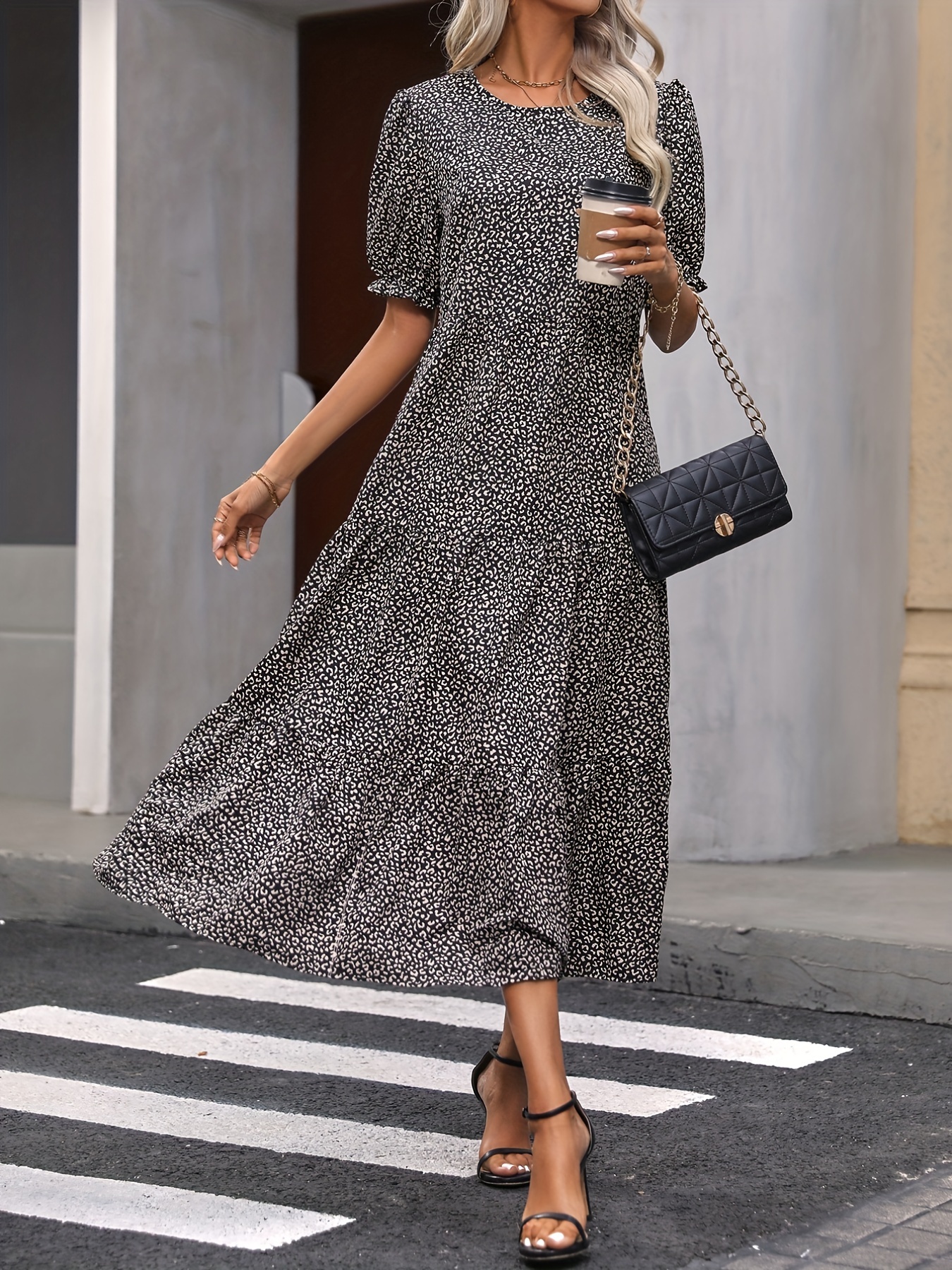 leopard print puff sleeve dress boho crew neck tiered dress womens clothing details 11