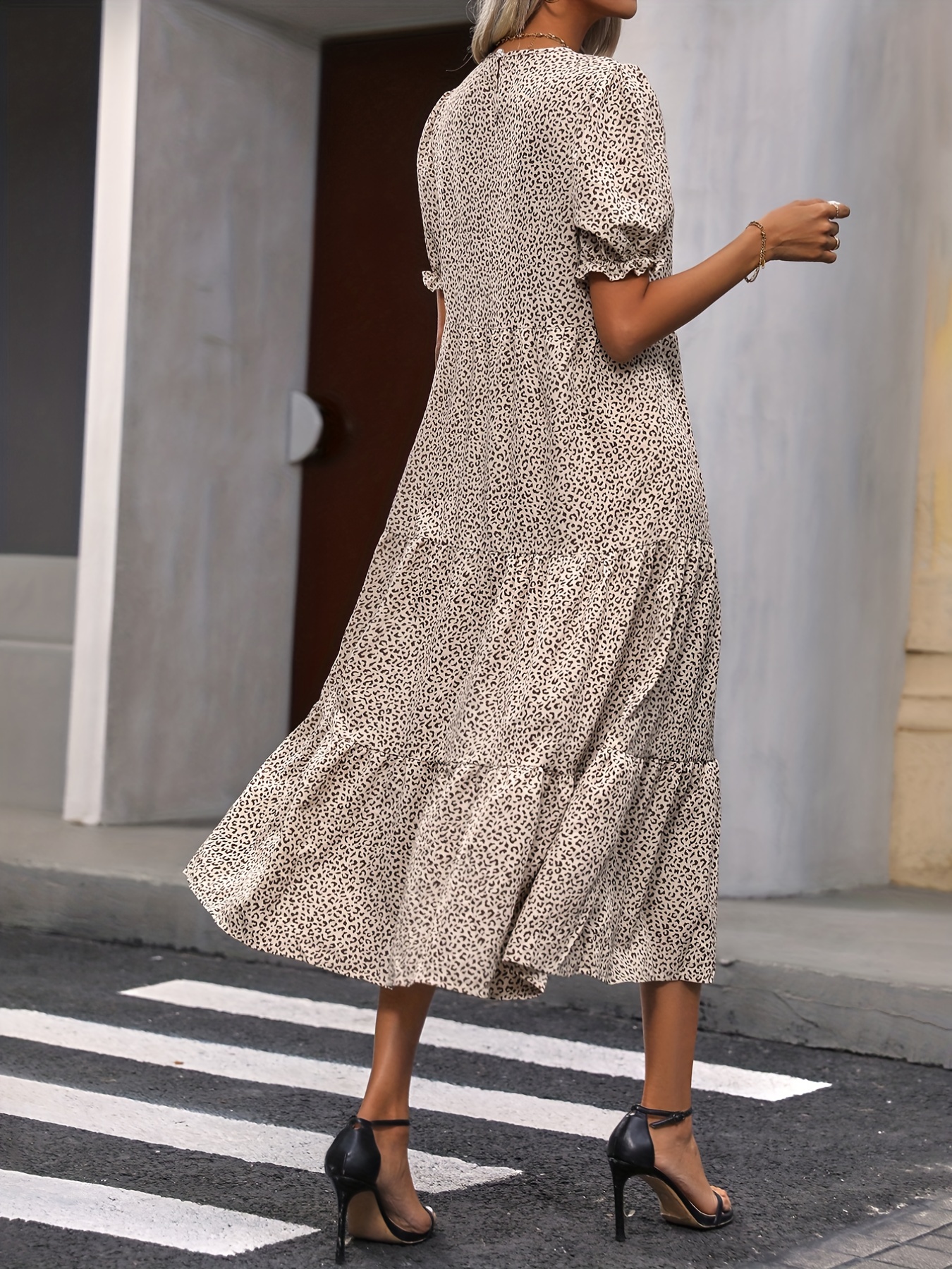 leopard print puff sleeve dress boho crew neck tiered dress womens clothing details 18