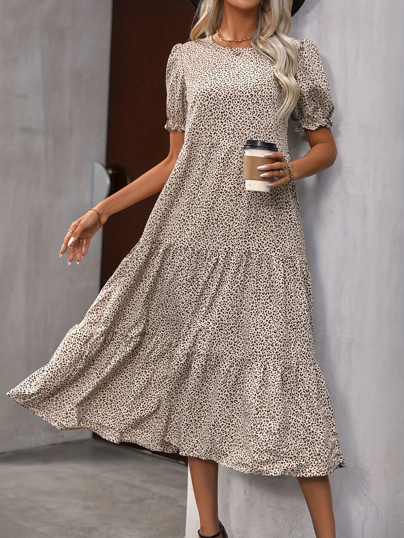 leopard print puff sleeve dress boho crew neck tiered dress womens clothing details 20