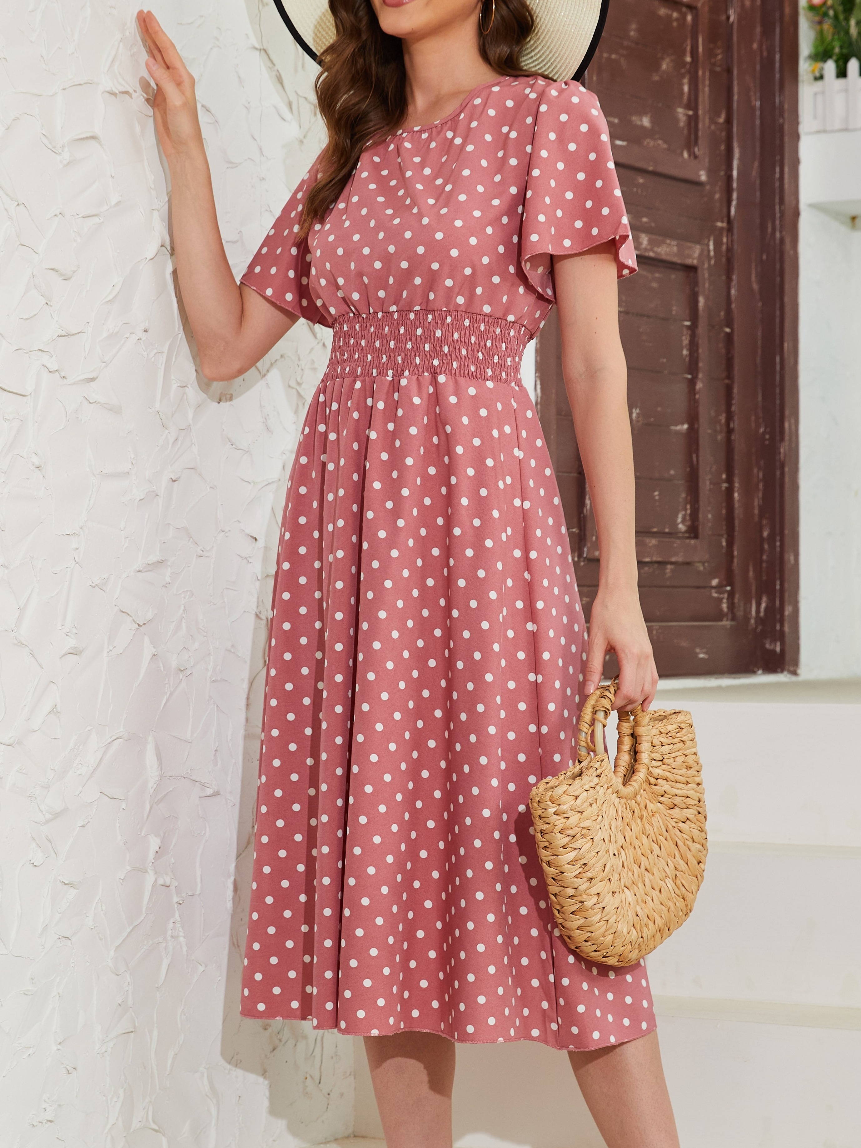 pin dot flutter sleeve dress casual crew neck high waist dress womens clothing details 0