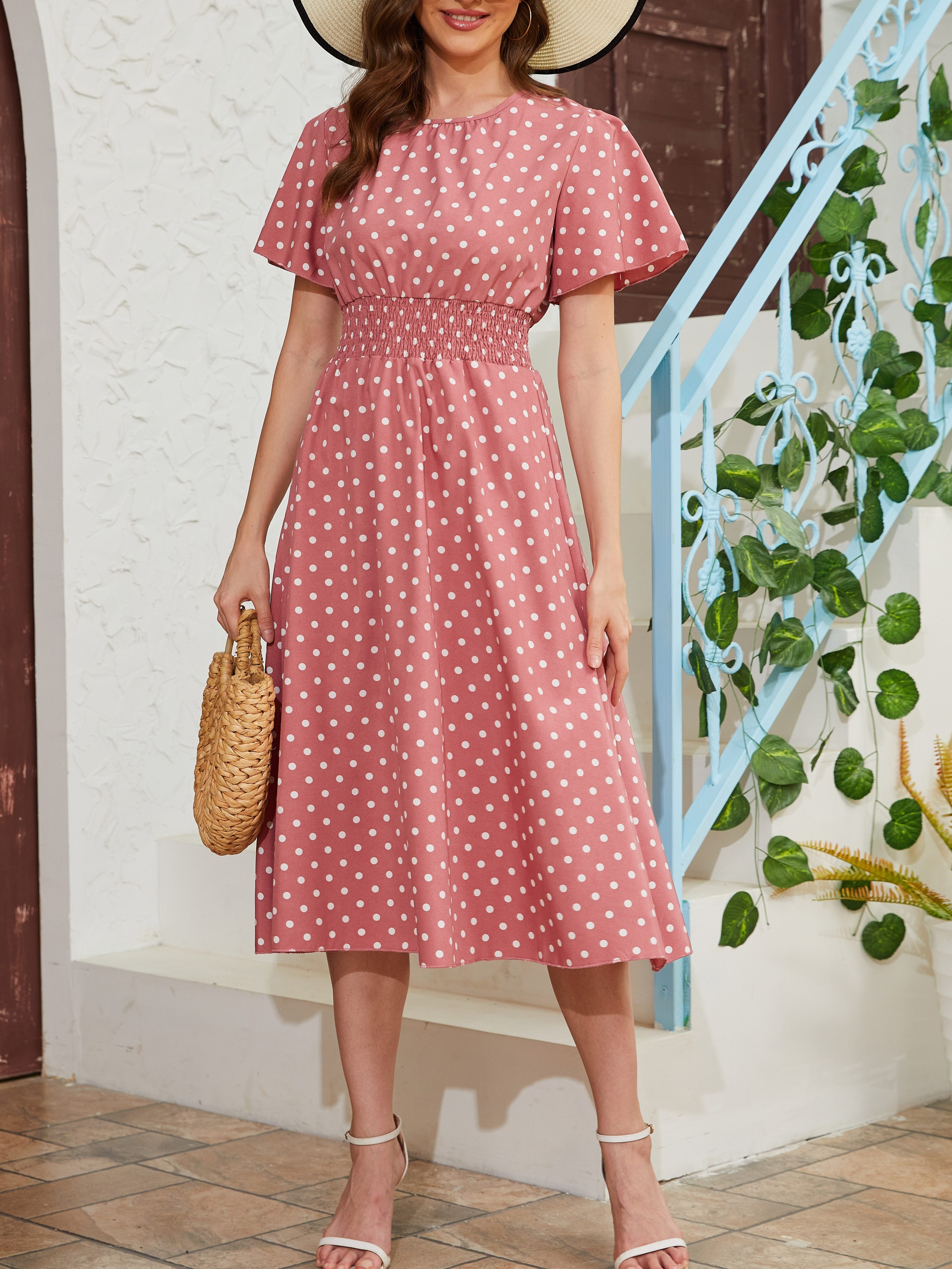 pin dot flutter sleeve dress casual crew neck high waist dress womens clothing details 1