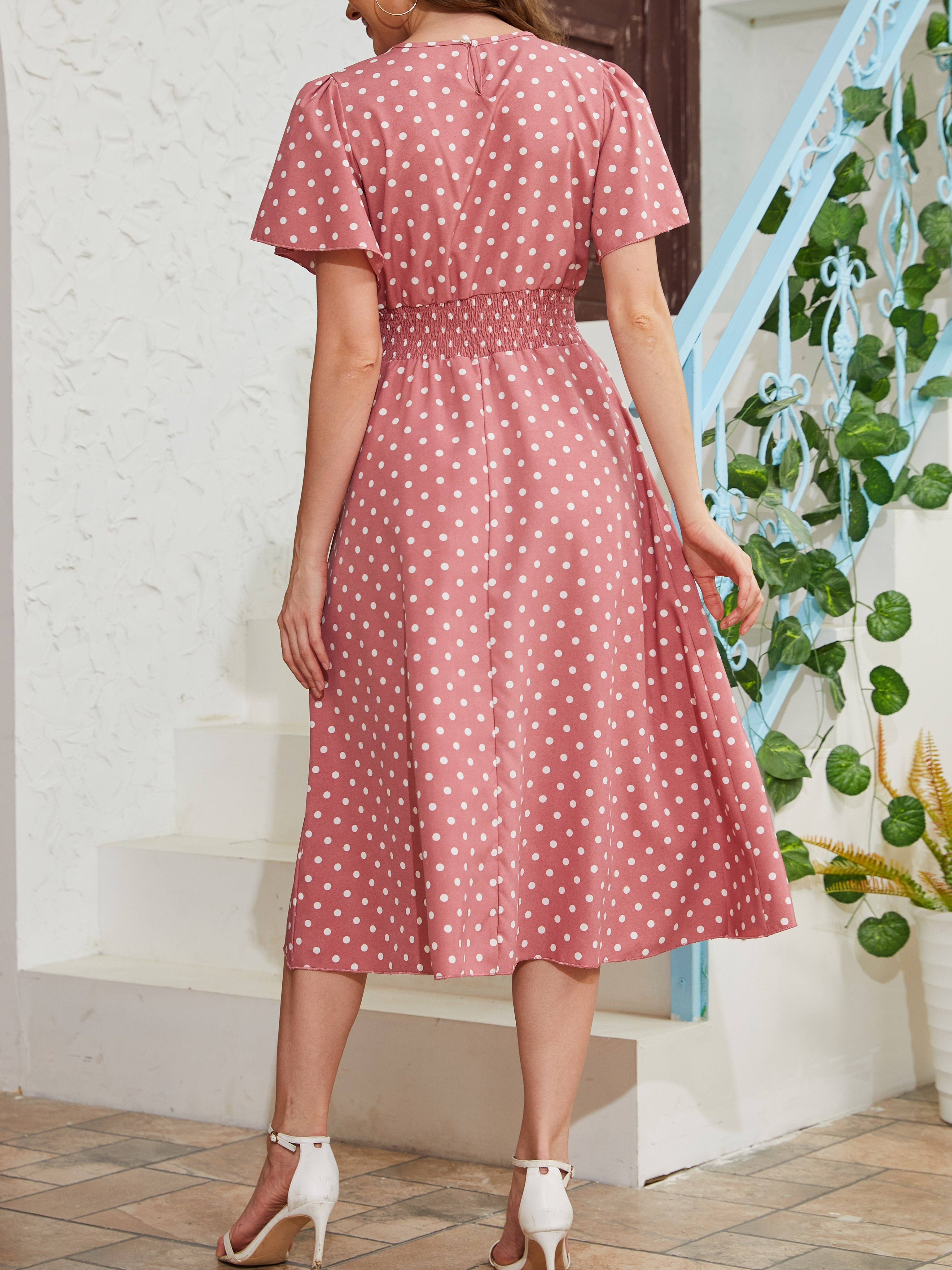 pin dot flutter sleeve dress casual crew neck high waist dress womens clothing details 3