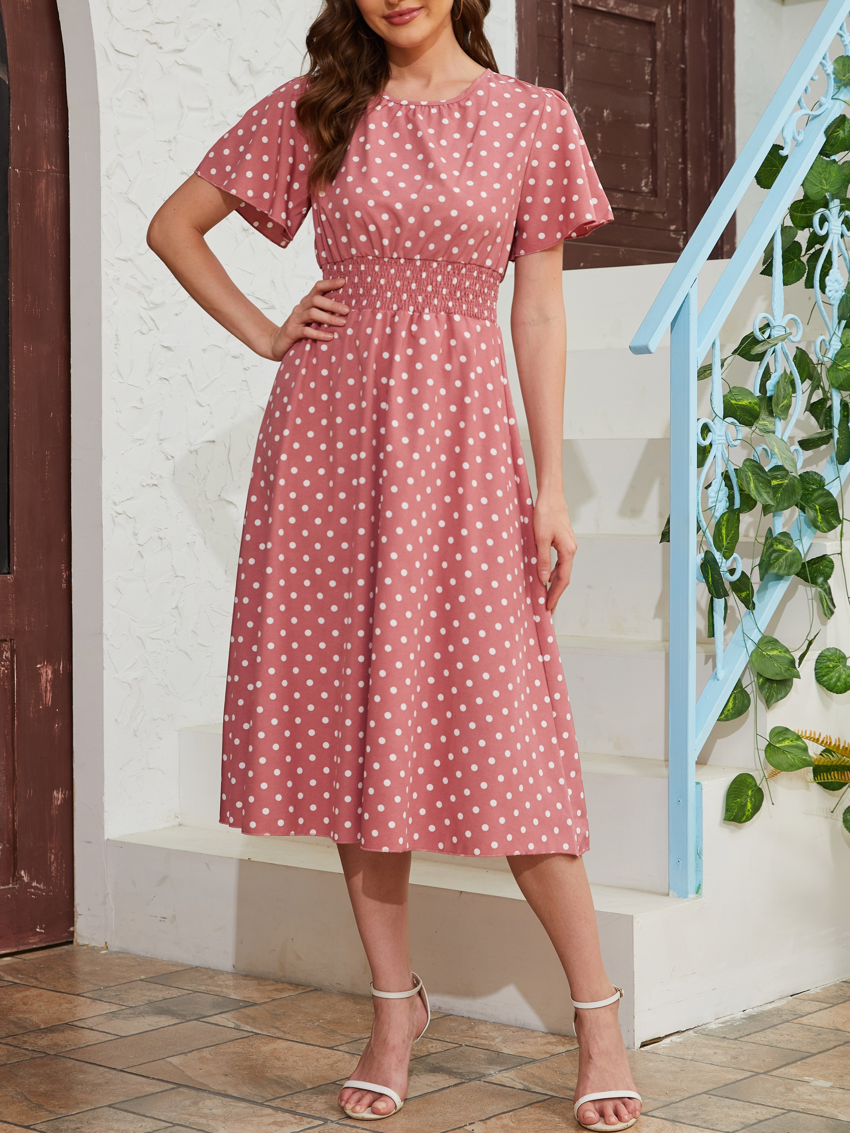 pin dot flutter sleeve dress casual crew neck high waist dress womens clothing details 4