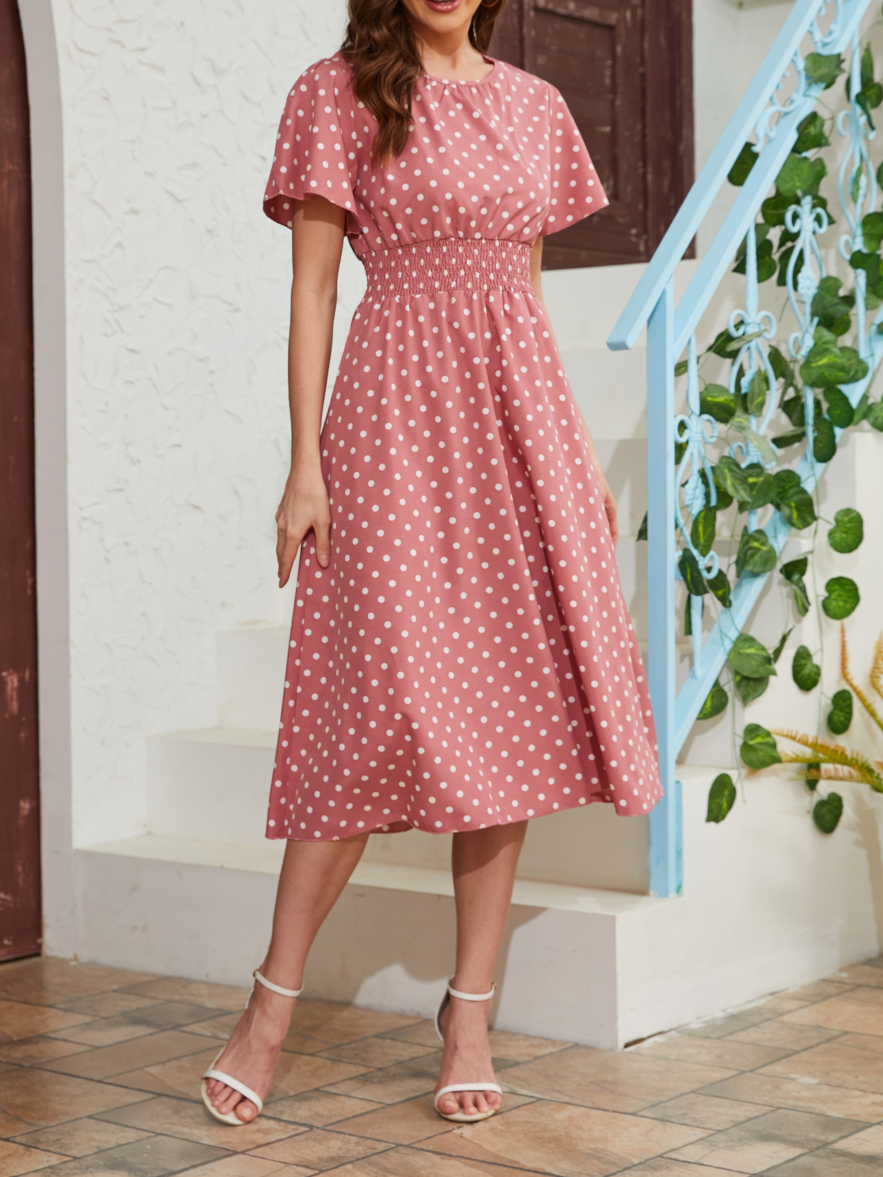 pin dot flutter sleeve dress casual crew neck high waist dress womens clothing details 5
