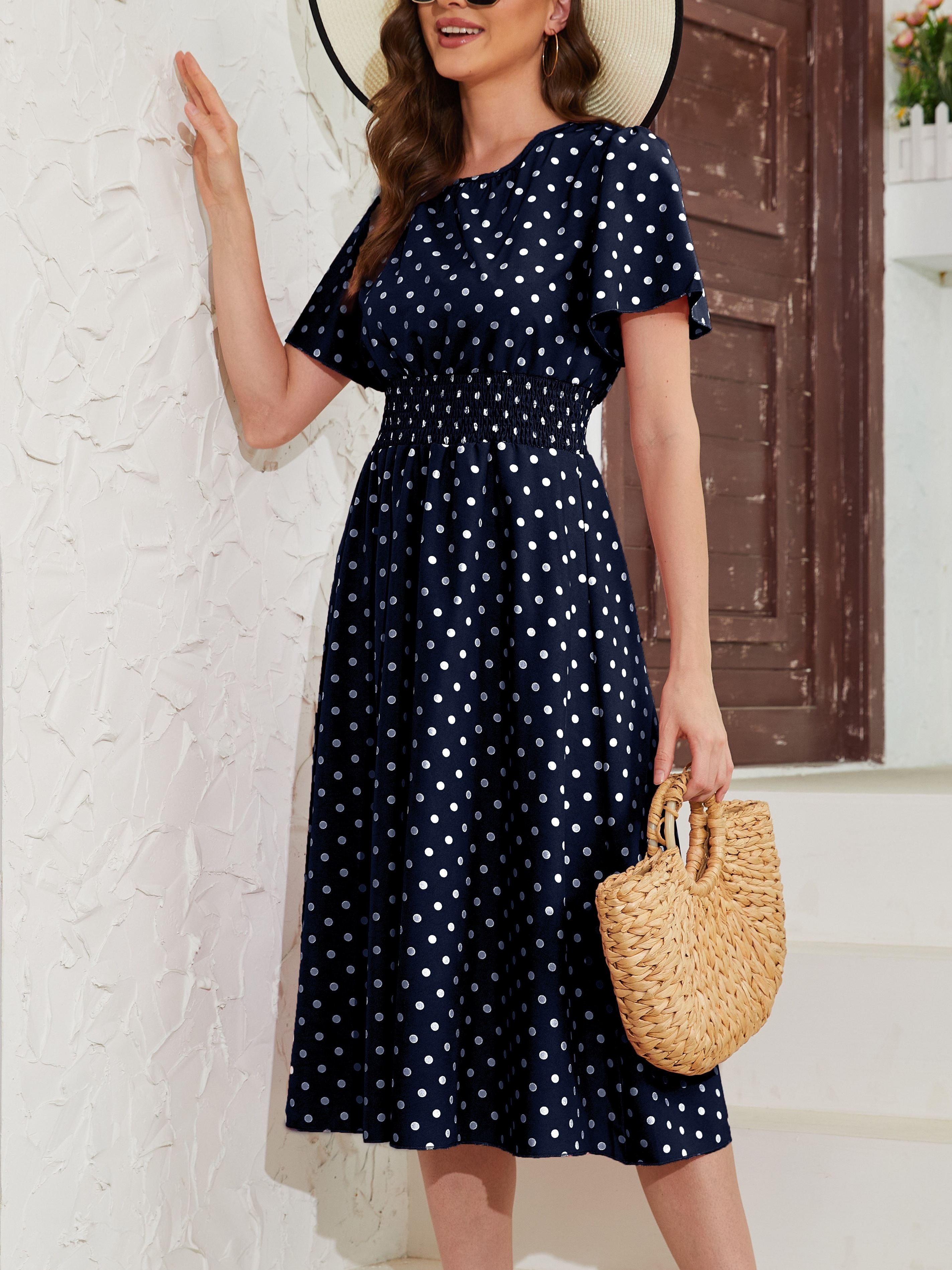 pin dot flutter sleeve dress casual crew neck high waist dress womens clothing details 6
