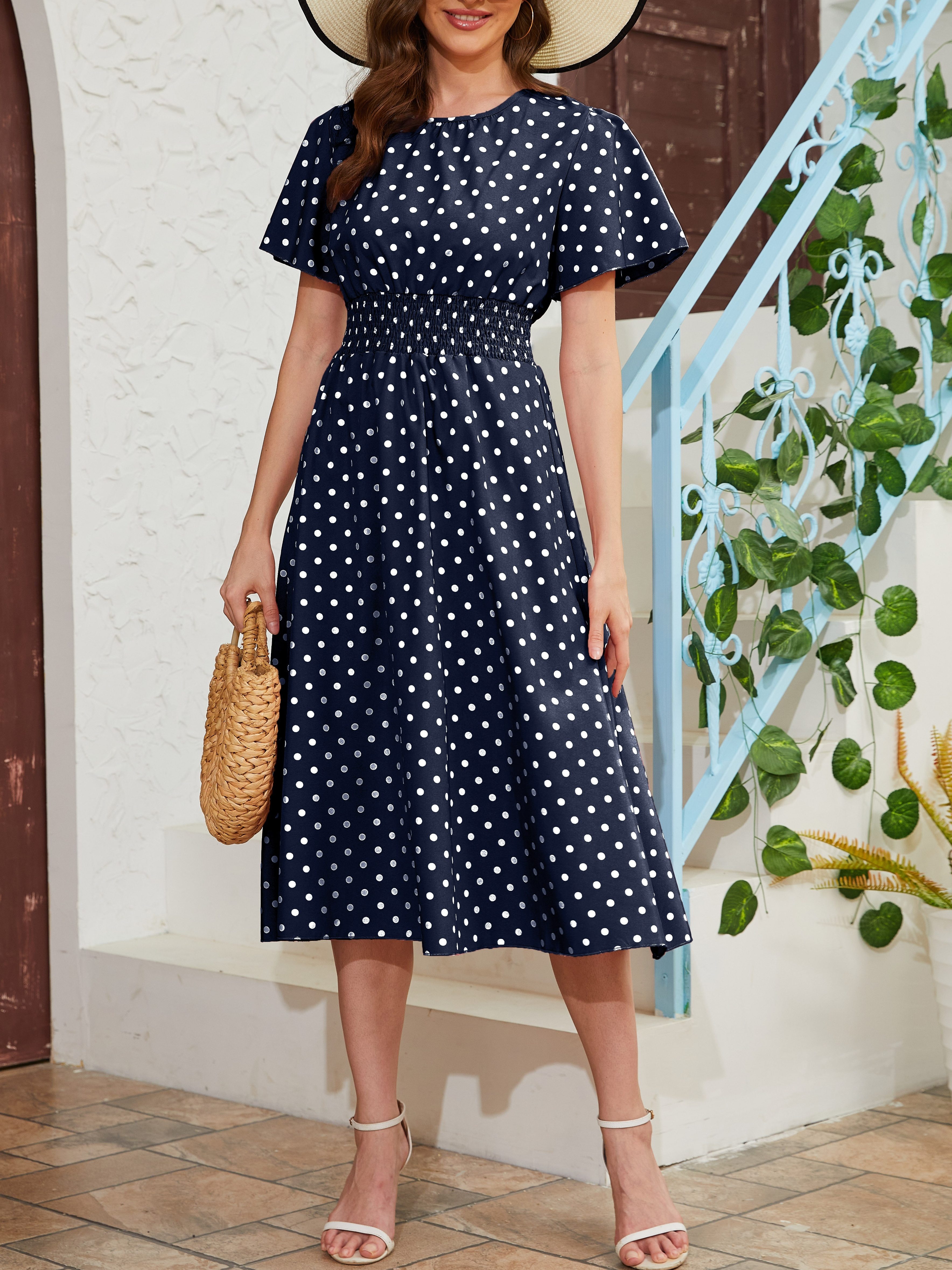 pin dot flutter sleeve dress casual crew neck high waist dress womens clothing details 7