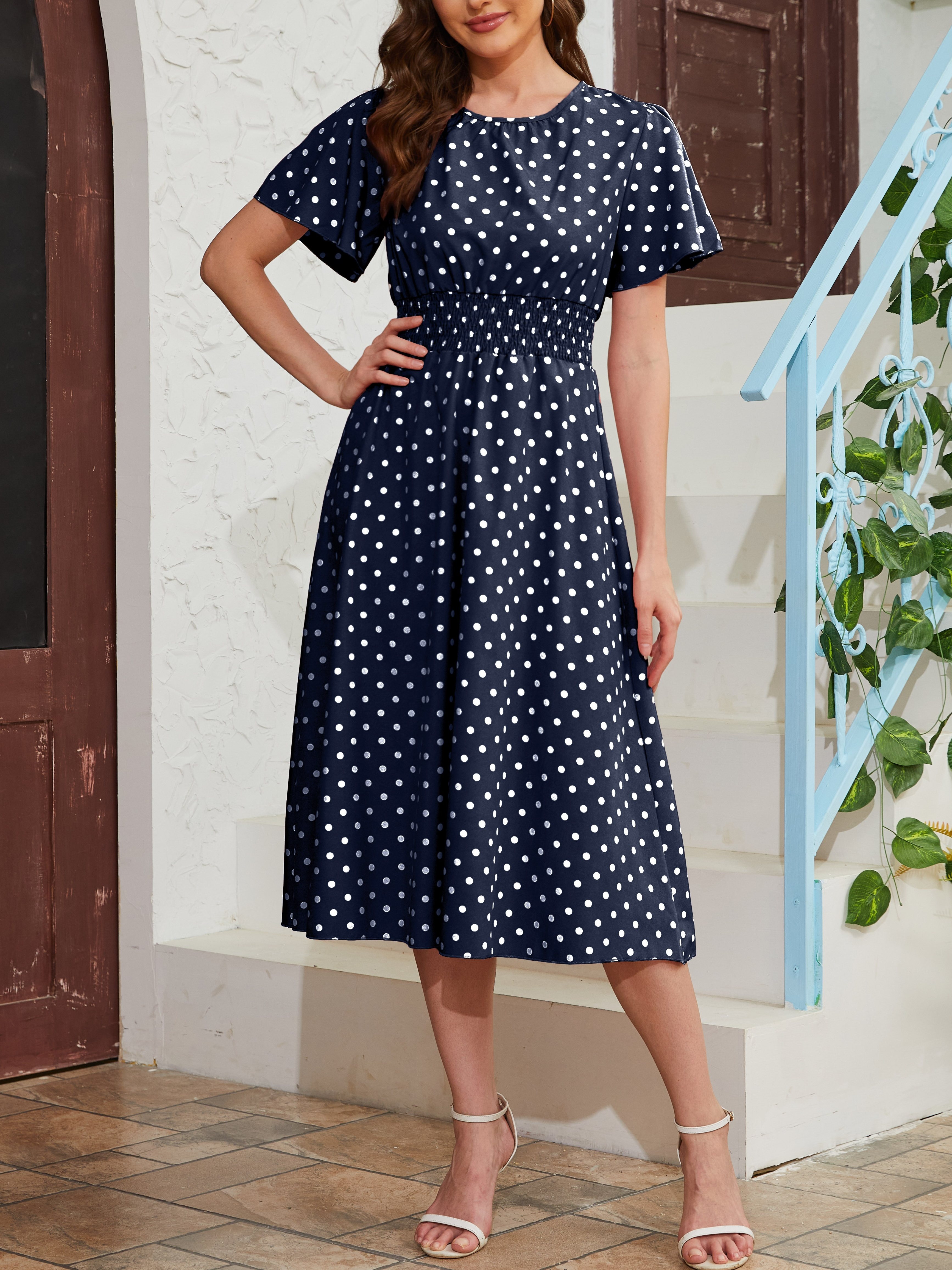 pin dot flutter sleeve dress casual crew neck high waist dress womens clothing details 9