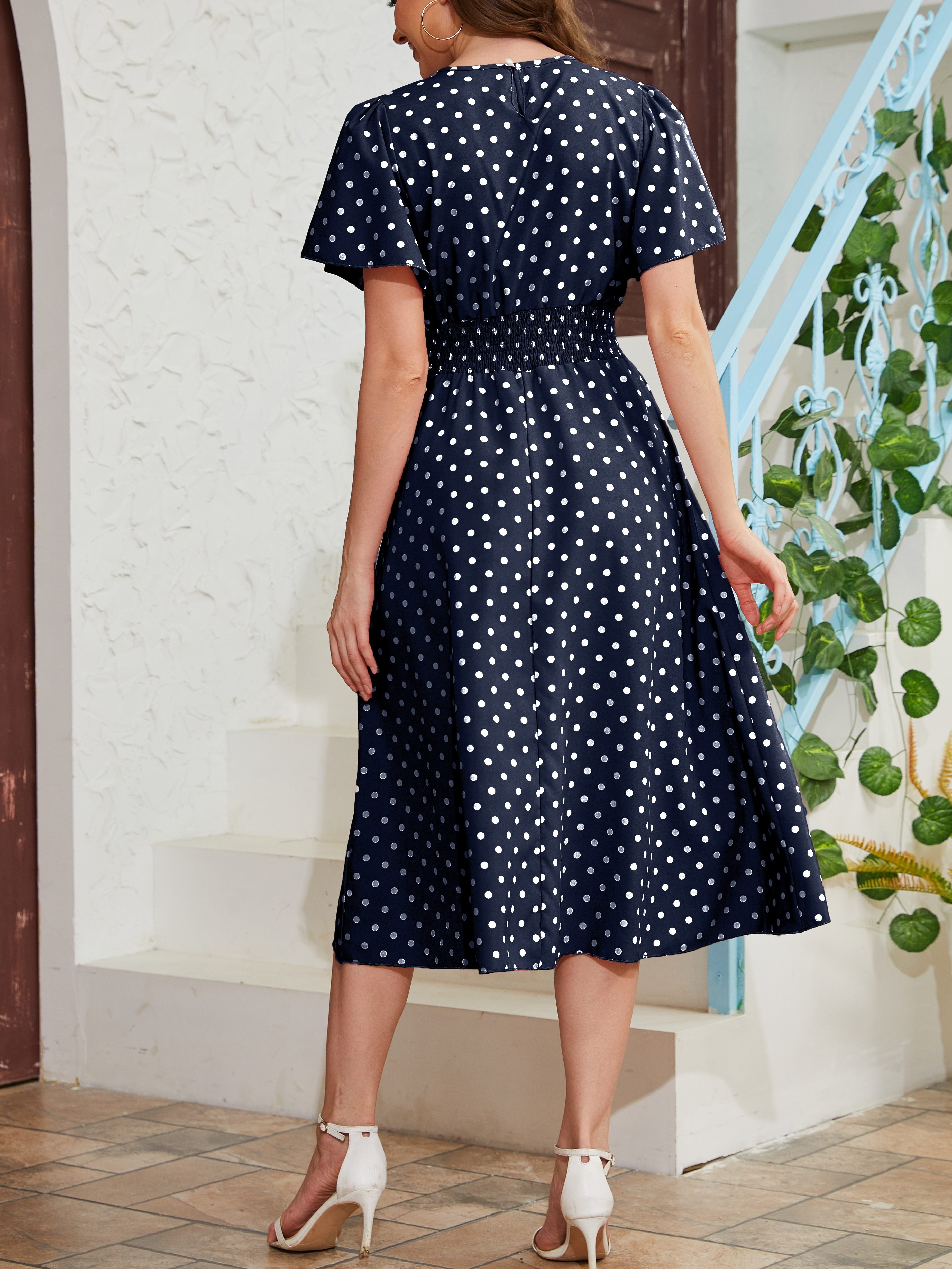 pin dot flutter sleeve dress casual crew neck high waist dress womens clothing details 10