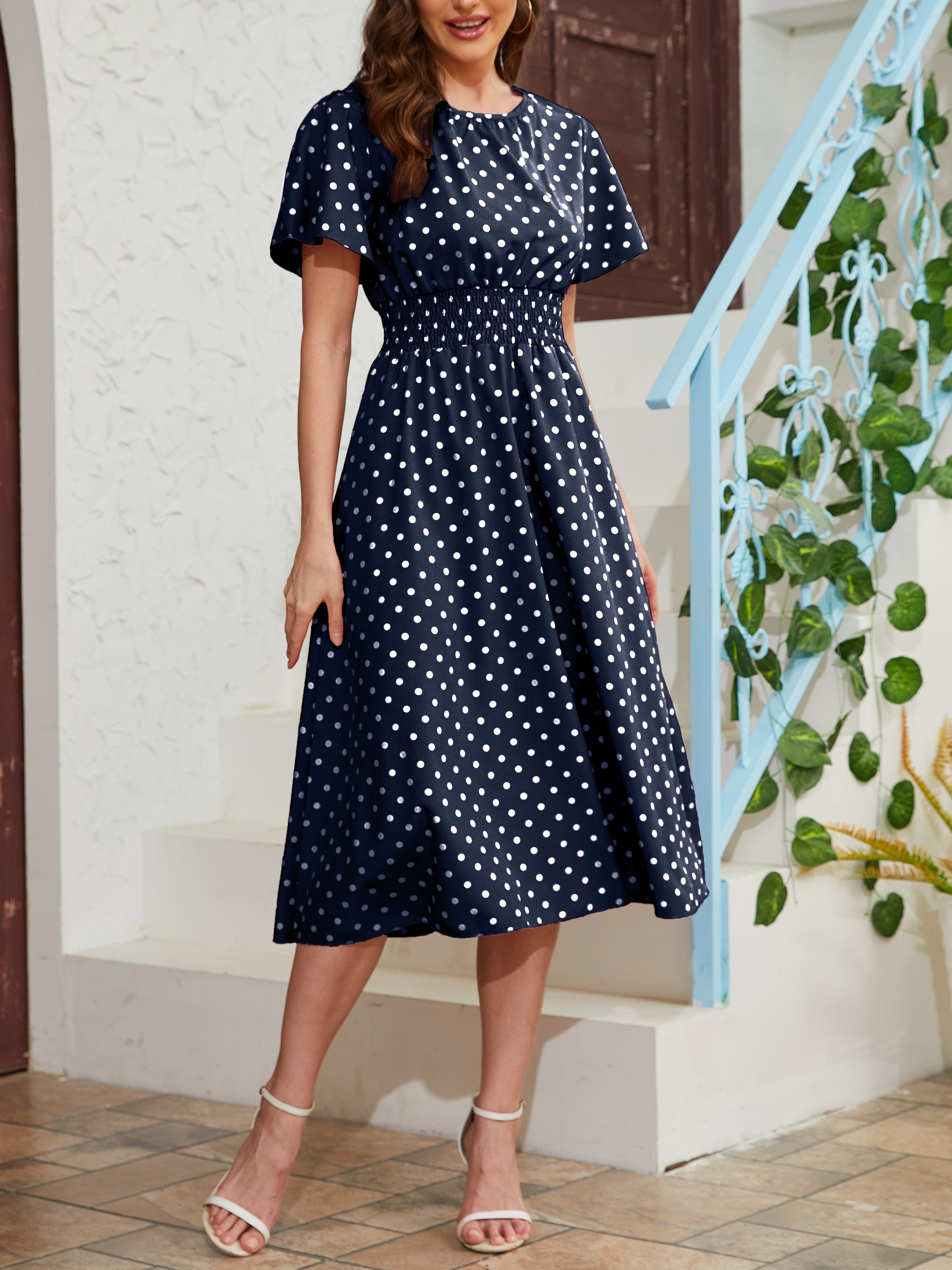 pin dot flutter sleeve dress casual crew neck high waist dress womens clothing details 11