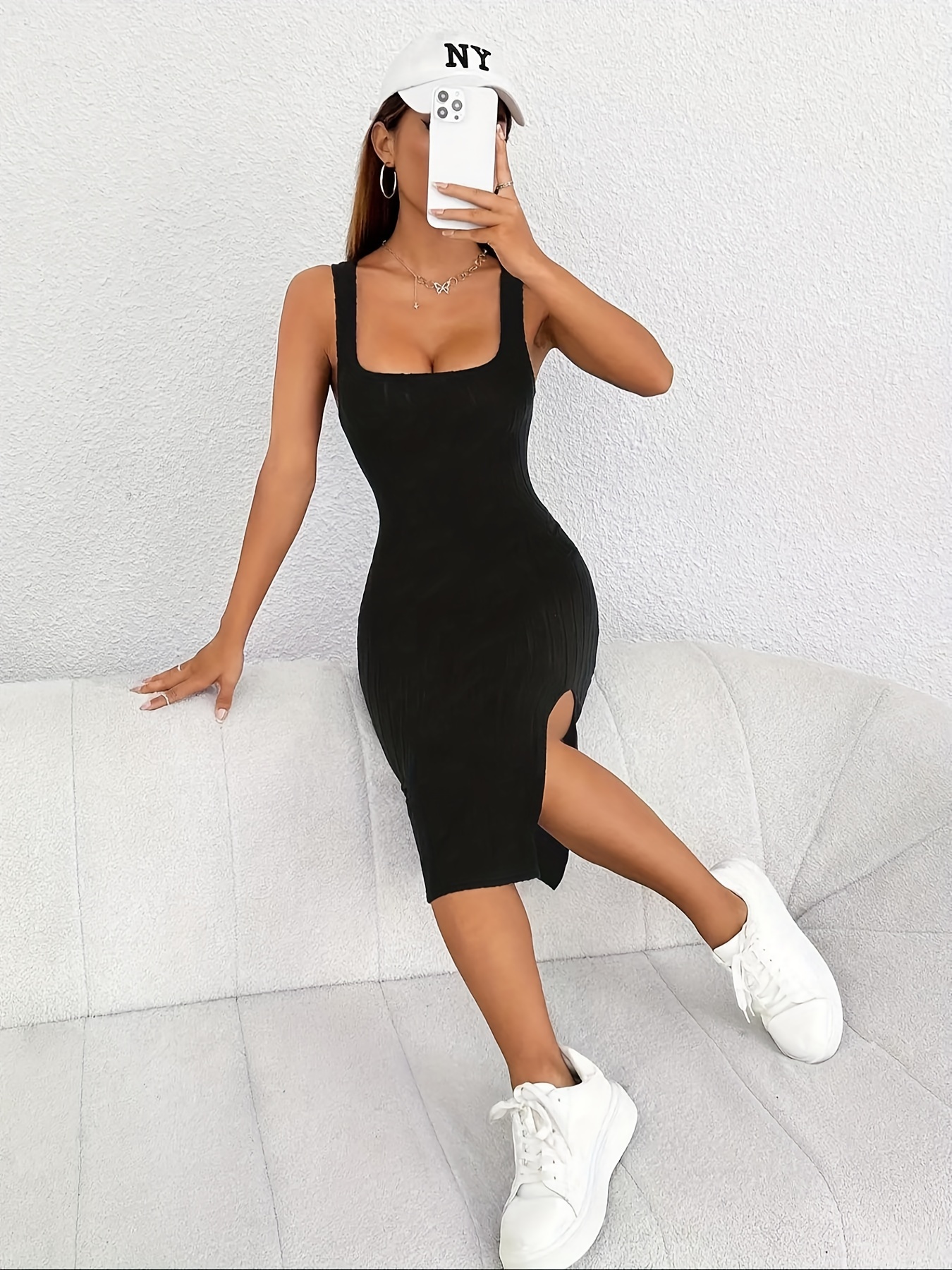 solid square neck split tank dress elegant sleeveless bodycon dress for spring summer womens clothing details 3
