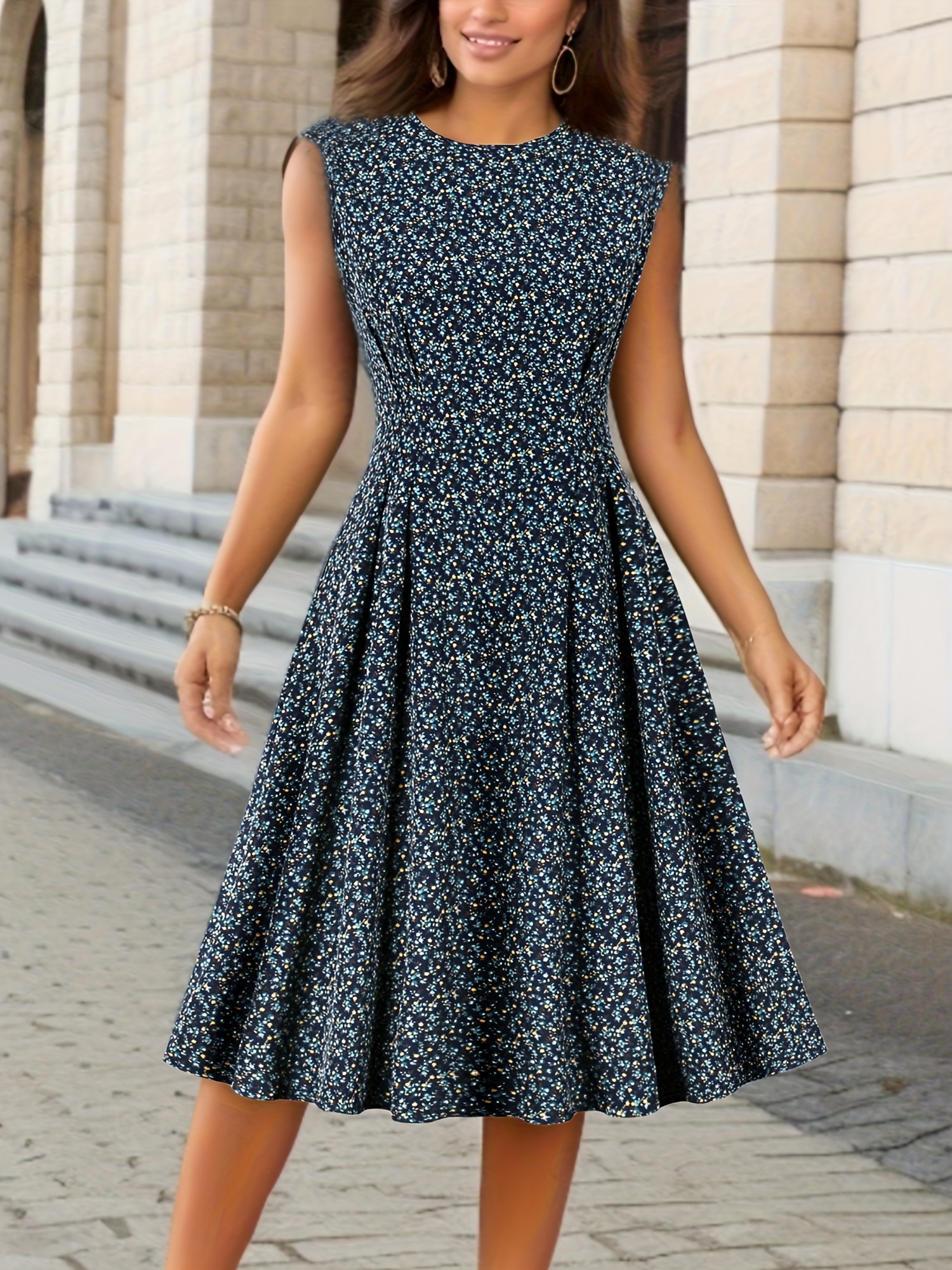 floral print crew neck dress elegant sleeveless pleated dress for spring summer womens clothing details 0
