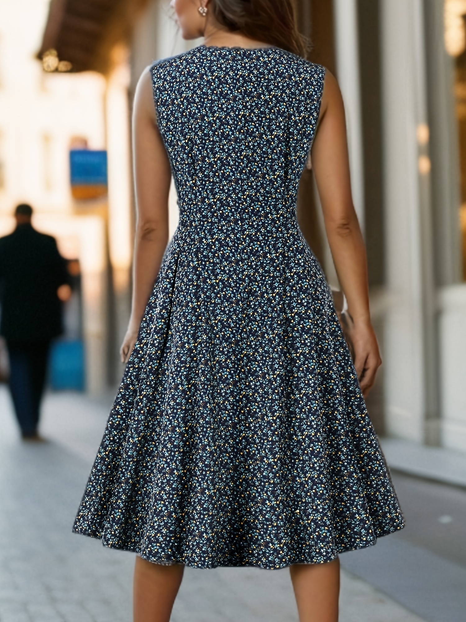 floral print crew neck dress elegant sleeveless pleated dress for spring summer womens clothing details 1