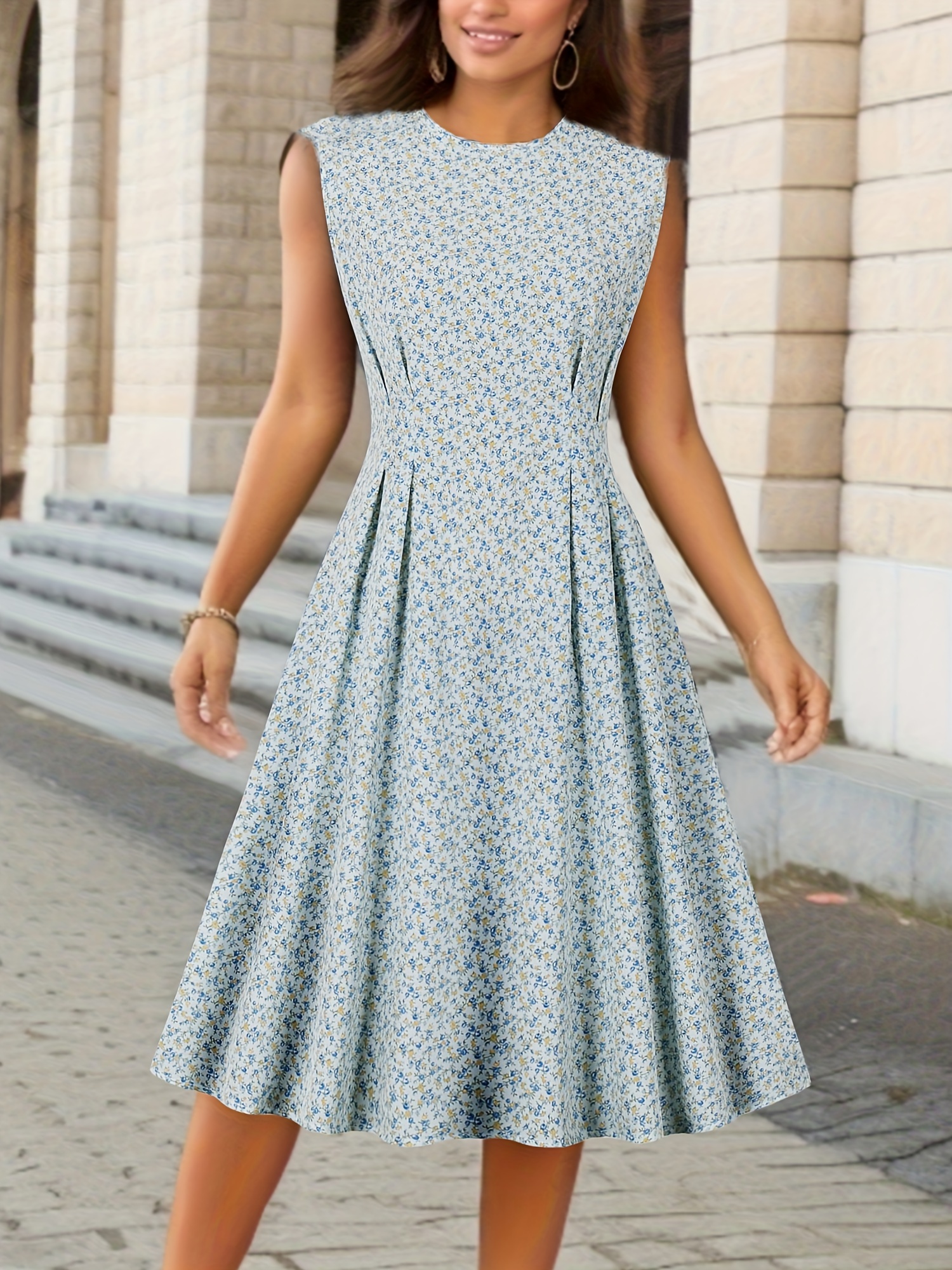 floral print crew neck dress elegant sleeveless pleated dress for spring summer womens clothing details 2