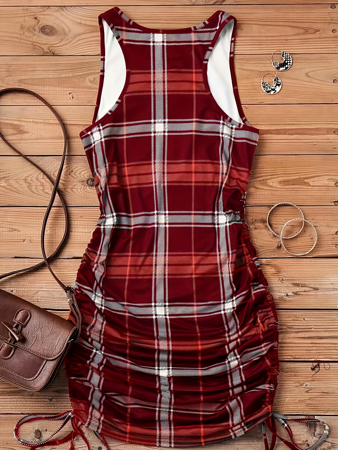 plaid print drawstring dress elegant crew neck sleeveless bag hip dress womens clothing details 1