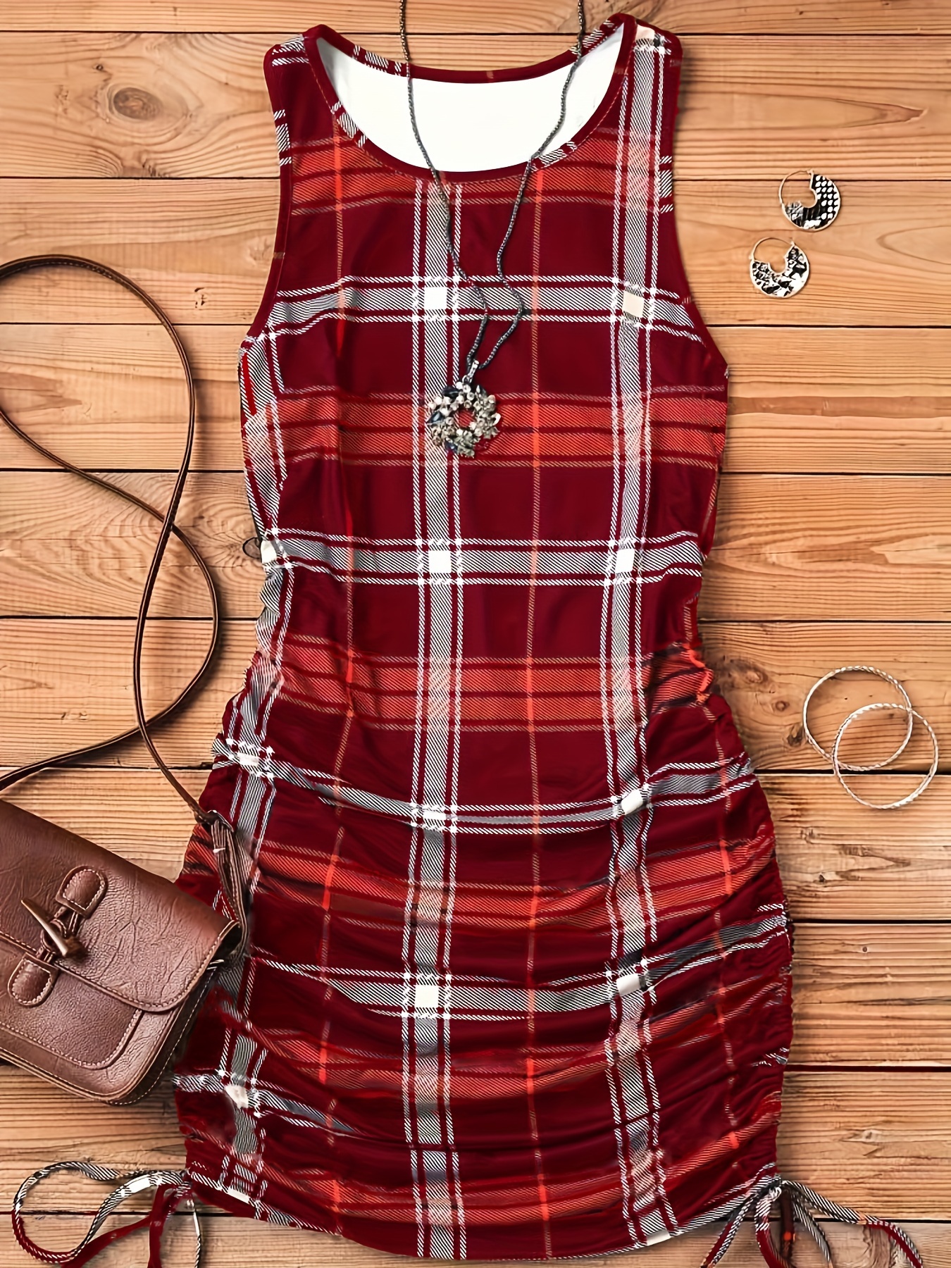 plaid print drawstring dress elegant crew neck sleeveless bag hip dress womens clothing details 2