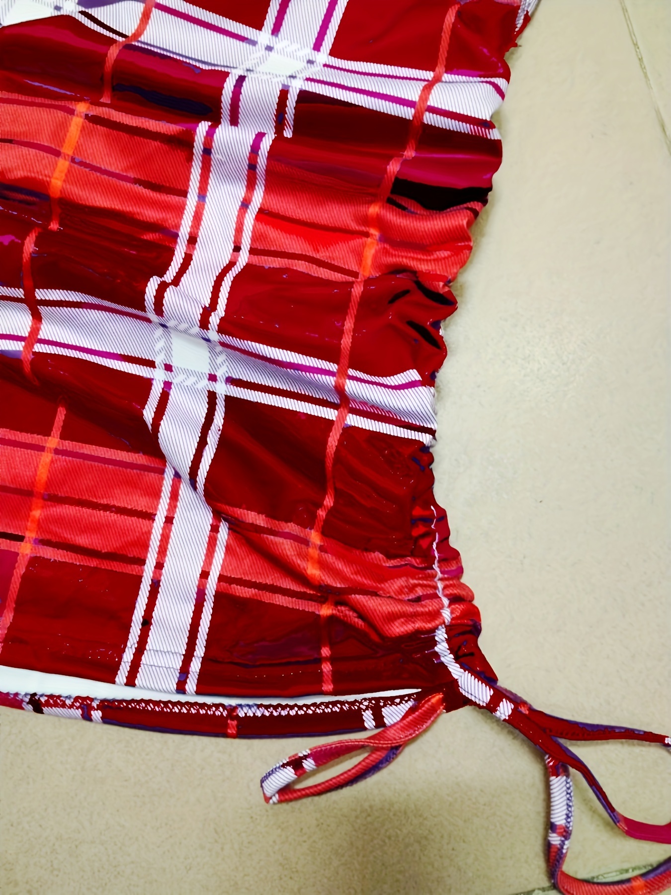 plaid print drawstring dress elegant crew neck sleeveless bag hip dress womens clothing details 8