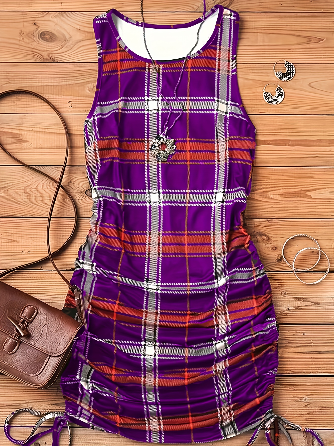 plaid print drawstring dress elegant crew neck sleeveless bag hip dress womens clothing details 12