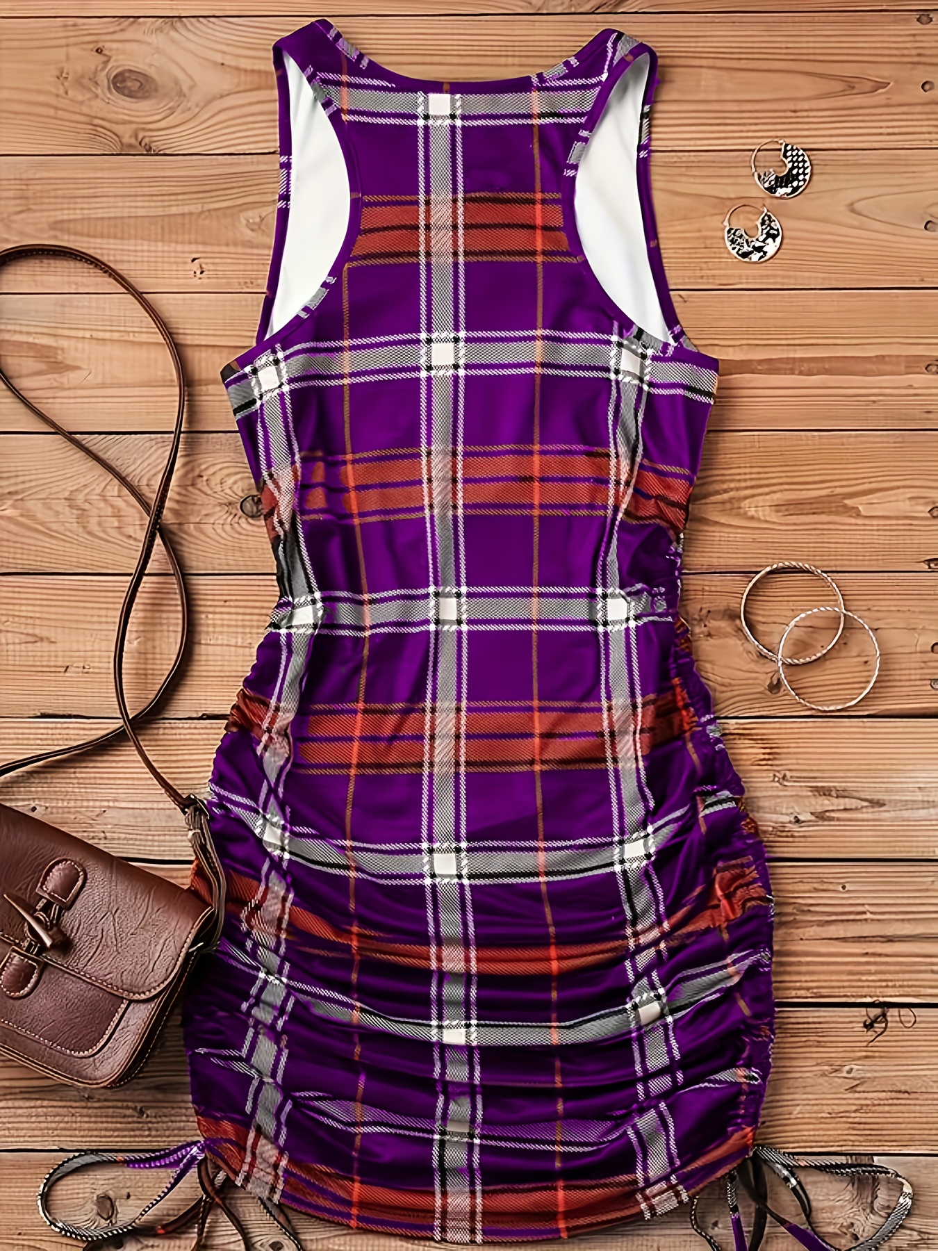 plaid print drawstring dress elegant crew neck sleeveless bag hip dress womens clothing details 13
