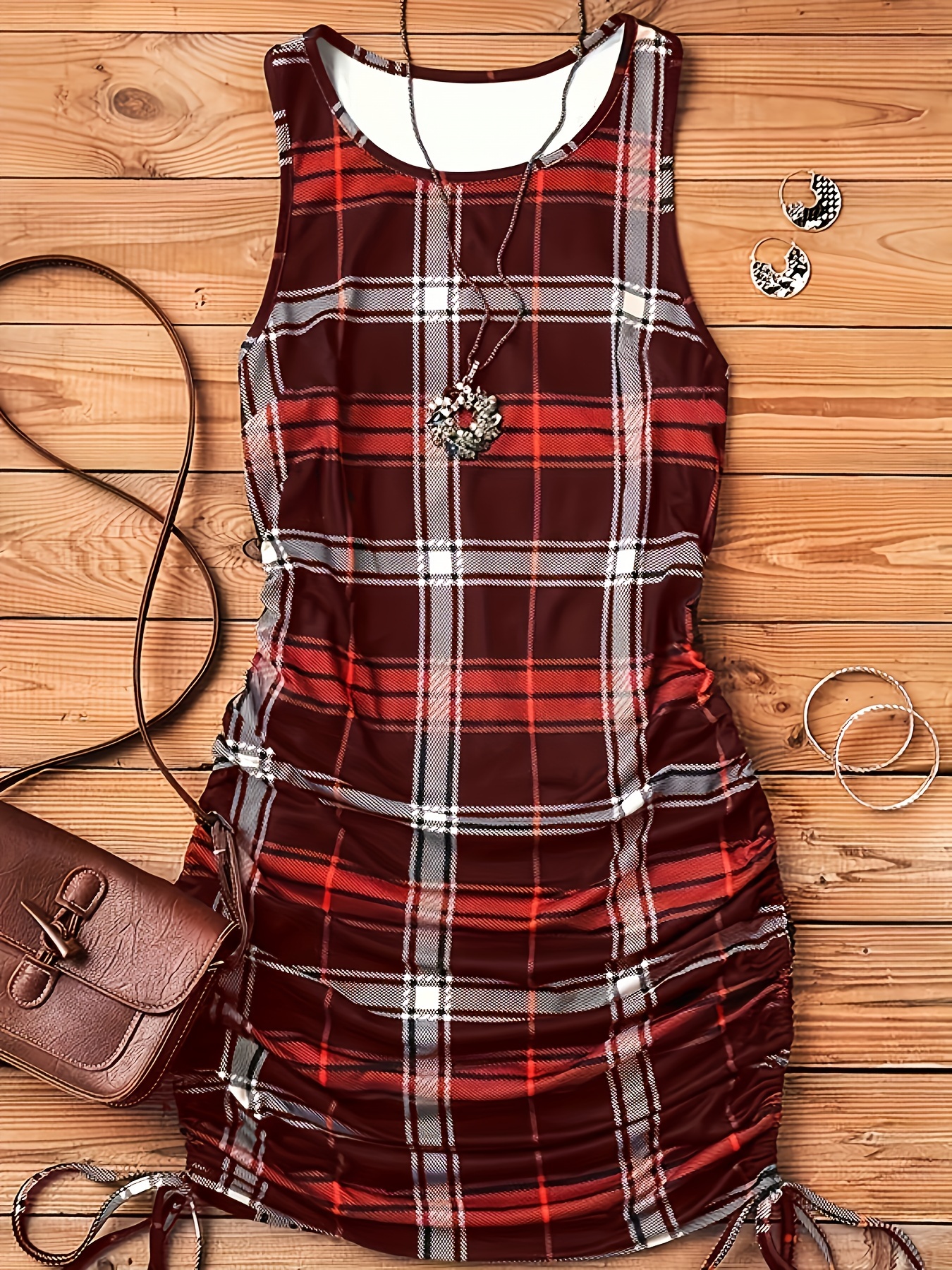 plaid print drawstring dress elegant crew neck sleeveless bag hip dress womens clothing details 17