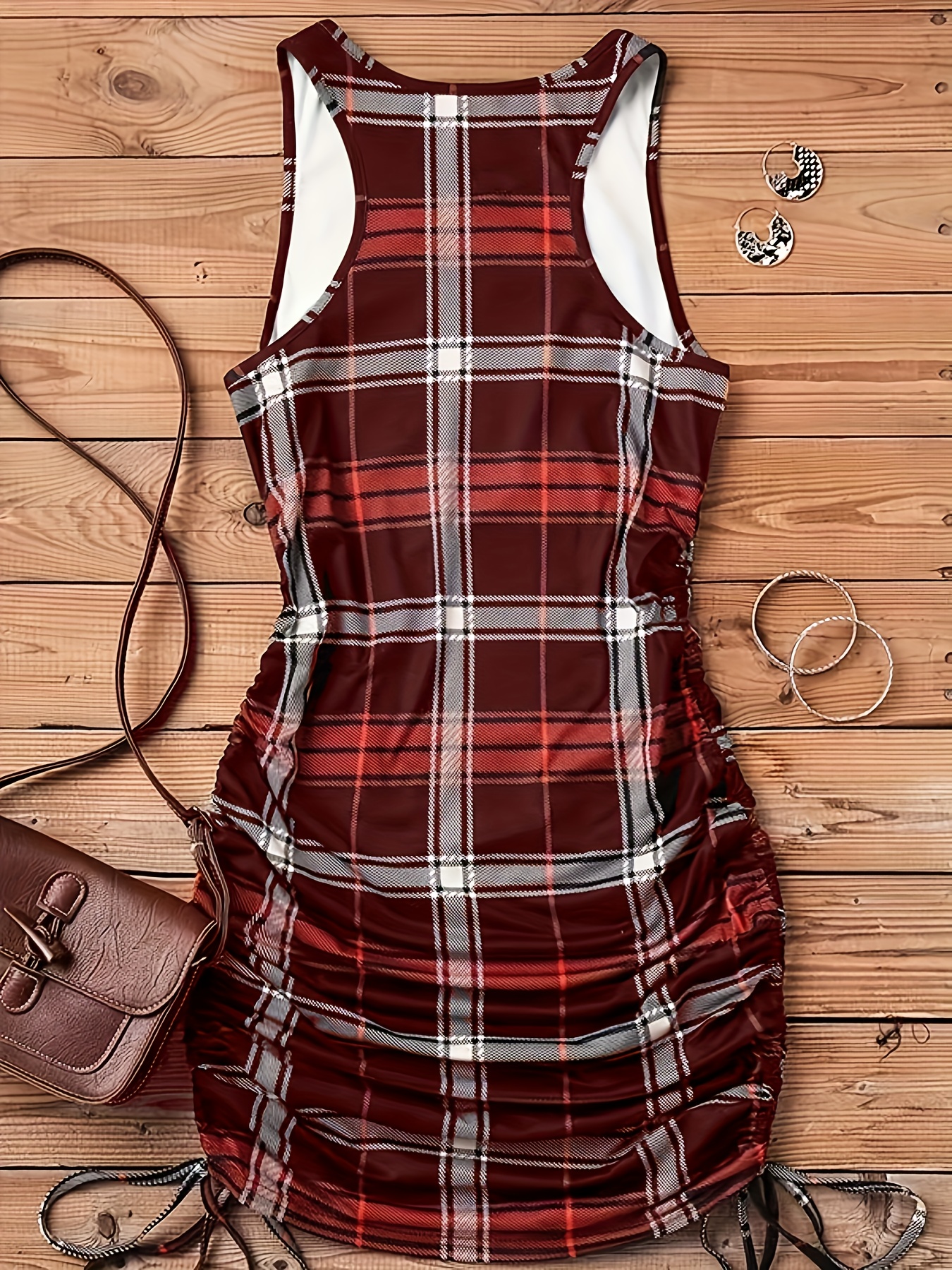 plaid print drawstring dress elegant crew neck sleeveless bag hip dress womens clothing details 18