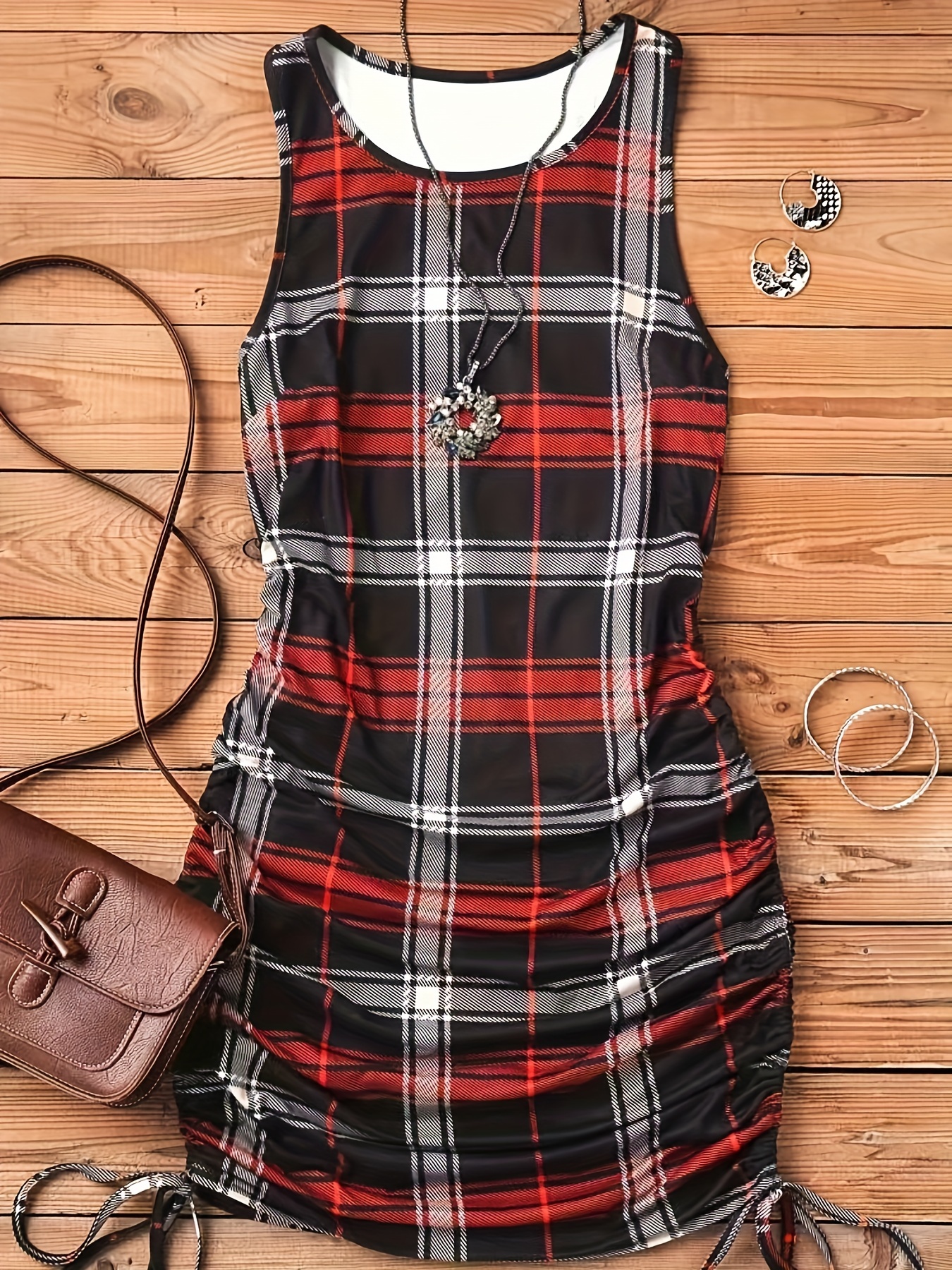 plaid print drawstring dress elegant crew neck sleeveless bag hip dress womens clothing details 22