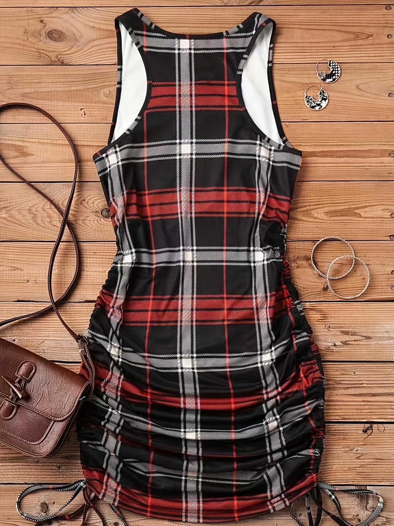 plaid print drawstring dress elegant crew neck sleeveless bag hip dress womens clothing details 23