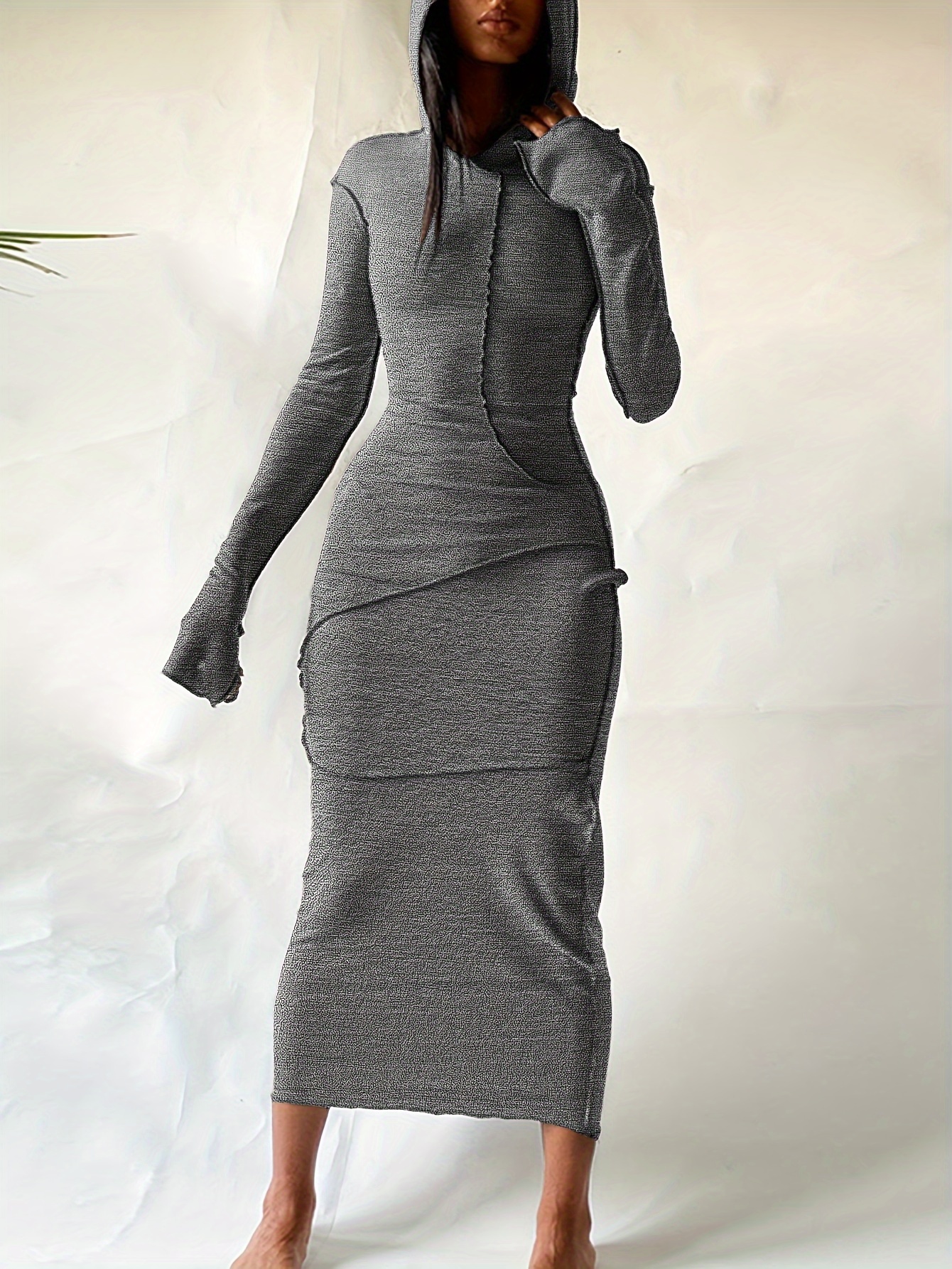 stitching hooded dress casual long sleeve maxi dress womens clothing details 9
