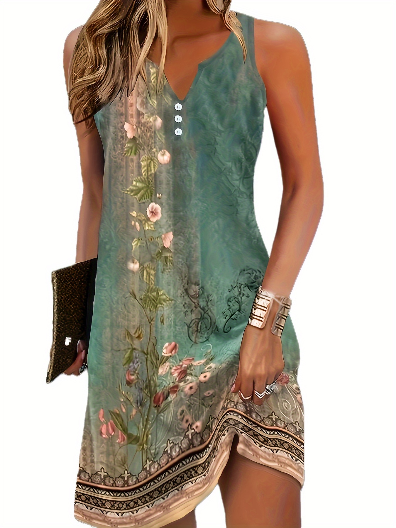 floral print sleeveless dress casual notched neck midi dress womens clothing details 23