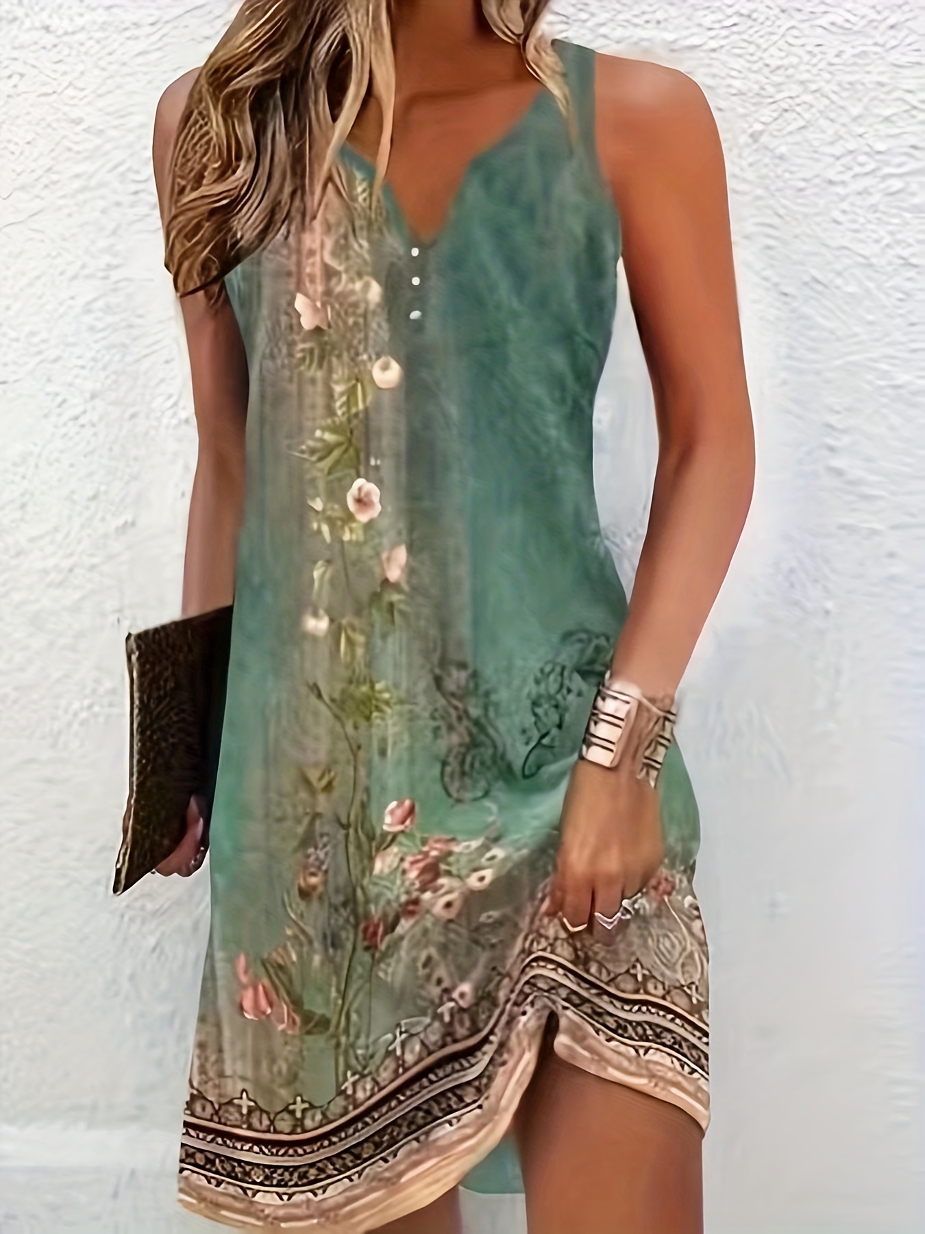 floral print notched neck dress elegant sleeveless slim dress womens clothing details 1