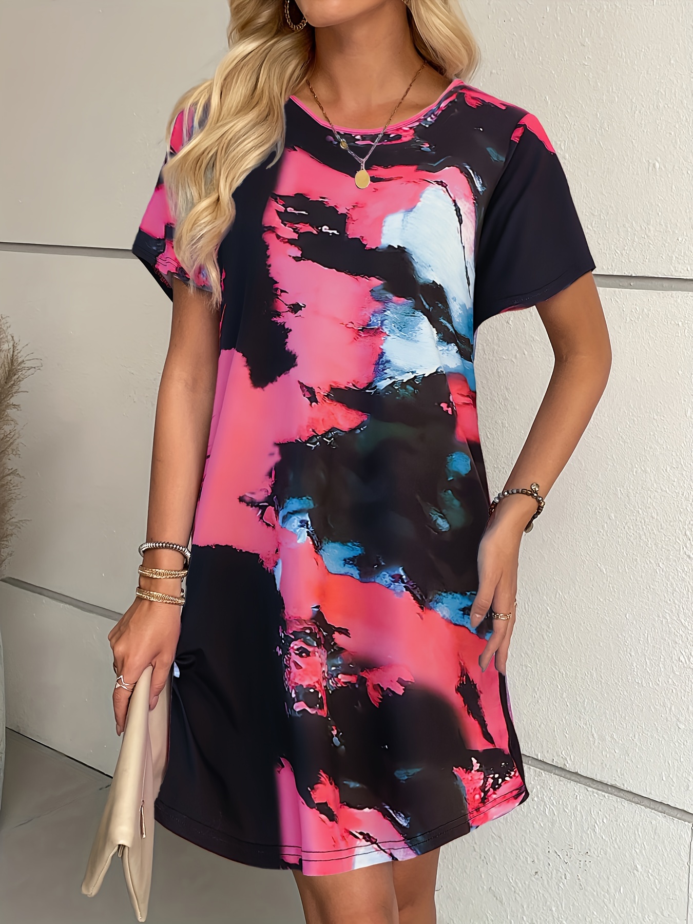 tie dye t shirt dress casual crew neck short sleeve mini dress womens clothing details 0