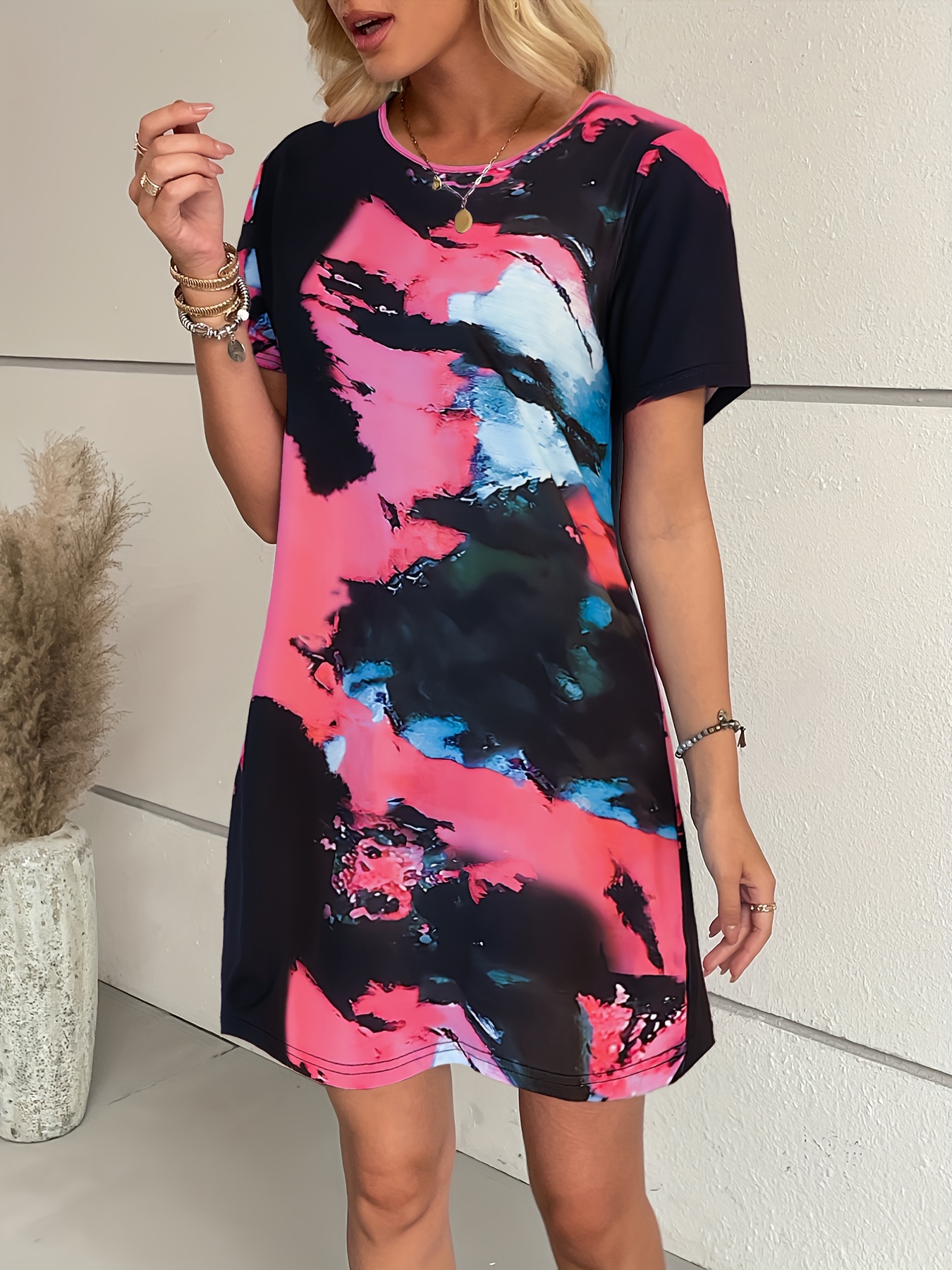 tie dye t shirt dress casual crew neck short sleeve mini dress womens clothing details 1