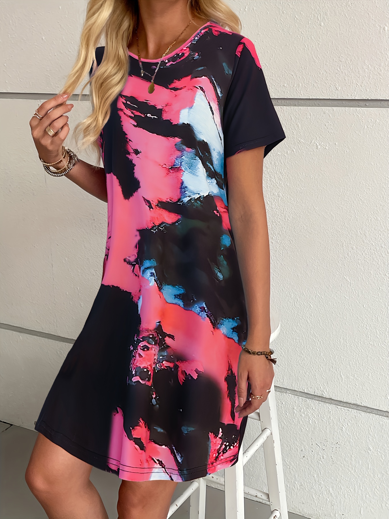 tie dye t shirt dress casual crew neck short sleeve mini dress womens clothing details 5