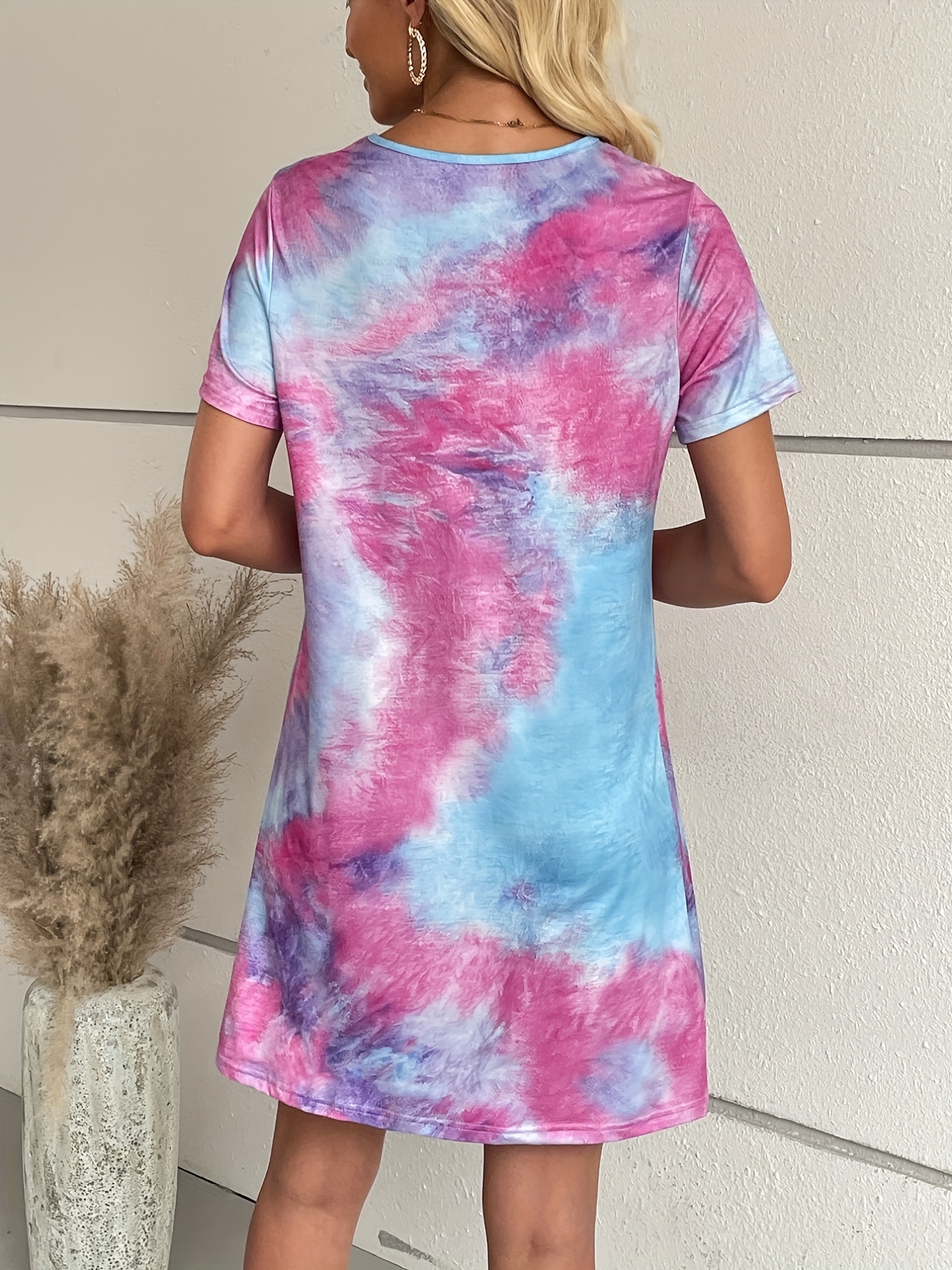 tie dye t shirt dress casual crew neck short sleeve mini dress womens clothing details 6