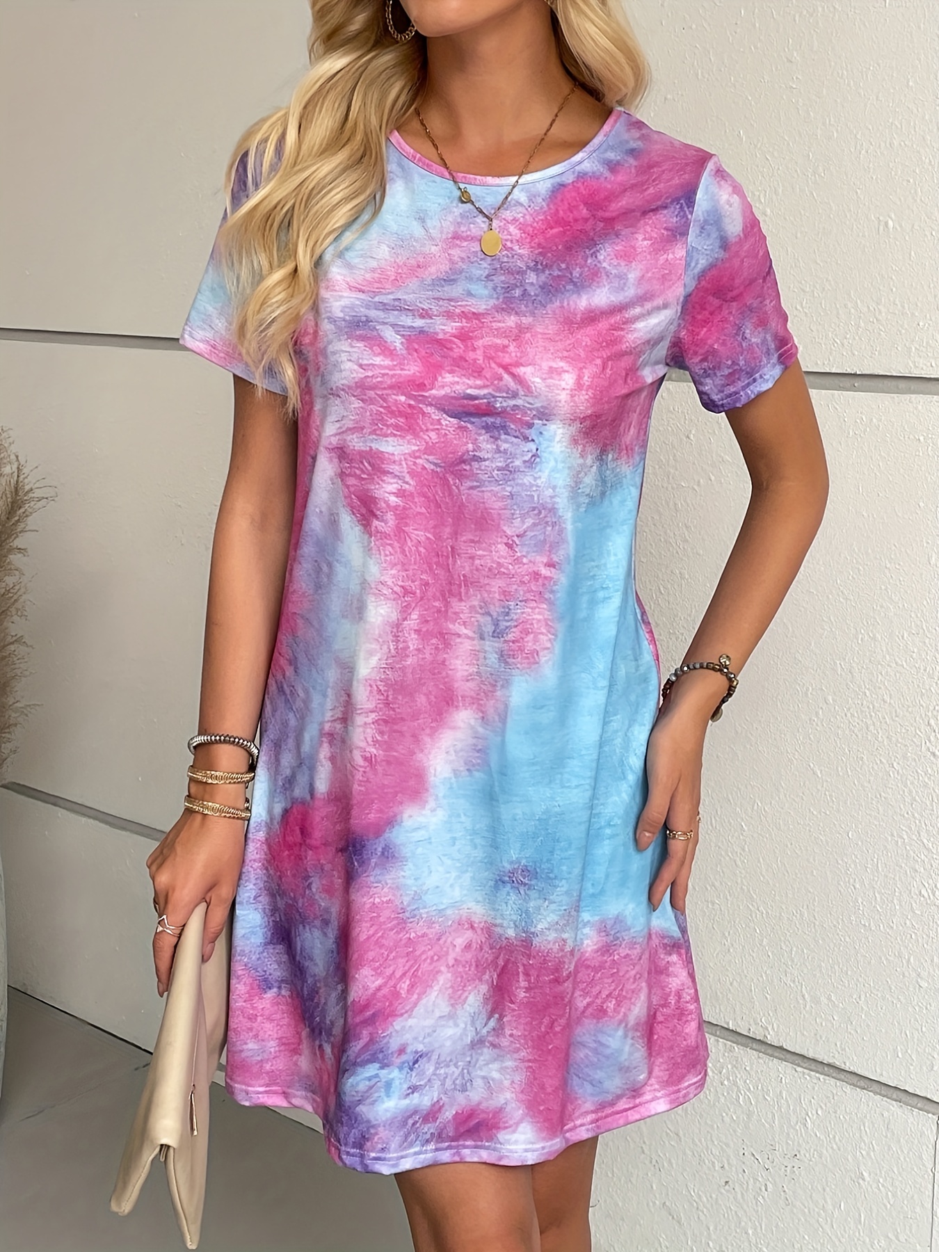 tie dye t shirt dress casual crew neck short sleeve mini dress womens clothing details 7