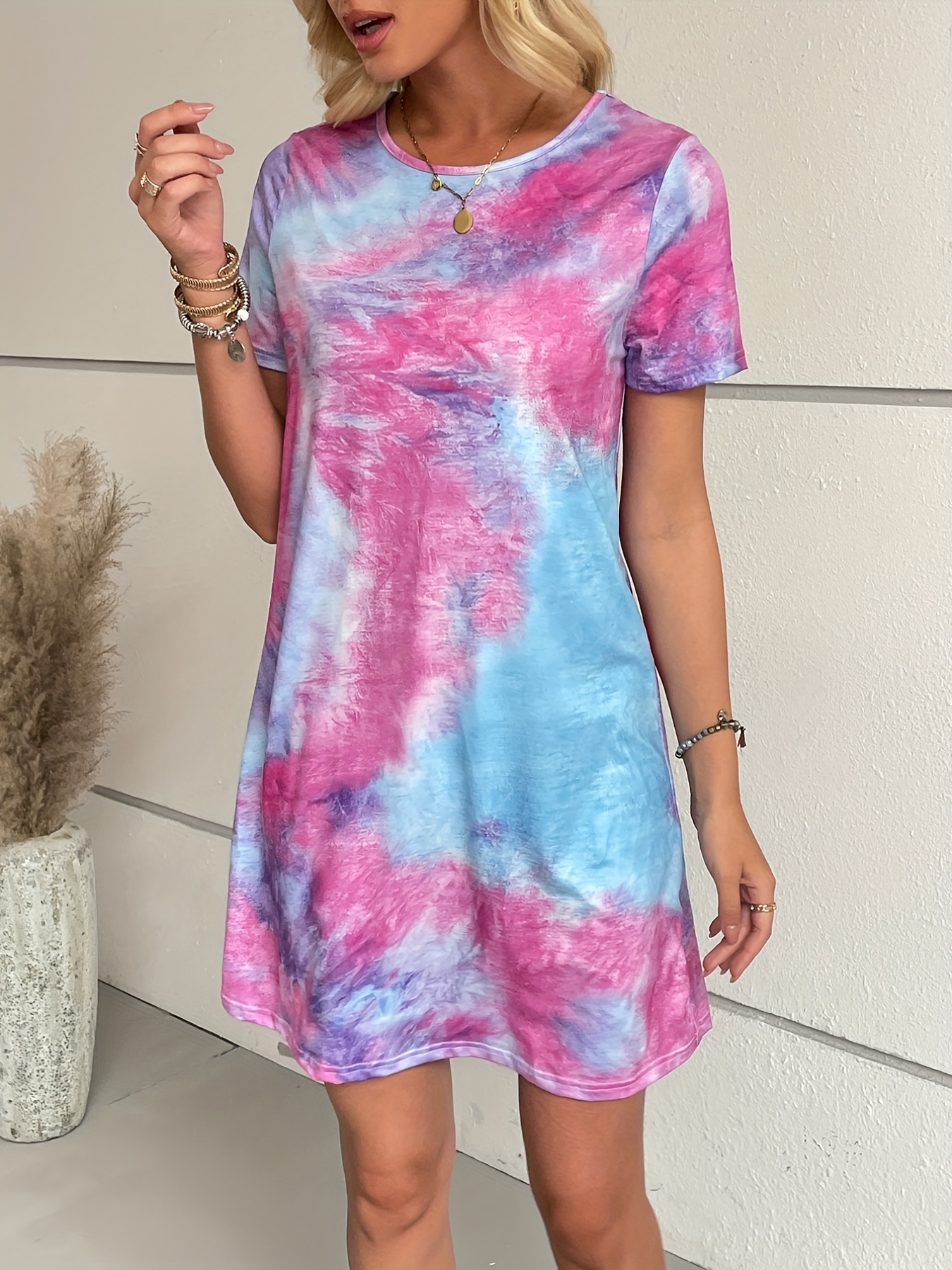 tie dye t shirt dress casual crew neck short sleeve mini dress womens clothing details 8