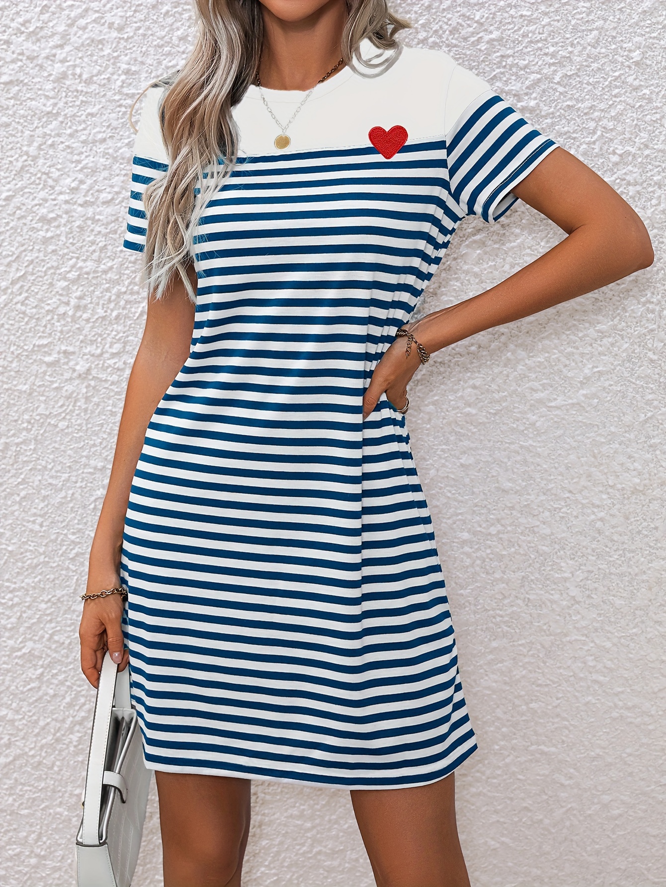 stripe heart print tee dress casual crew neck short sleeve dress womens clothing details 0