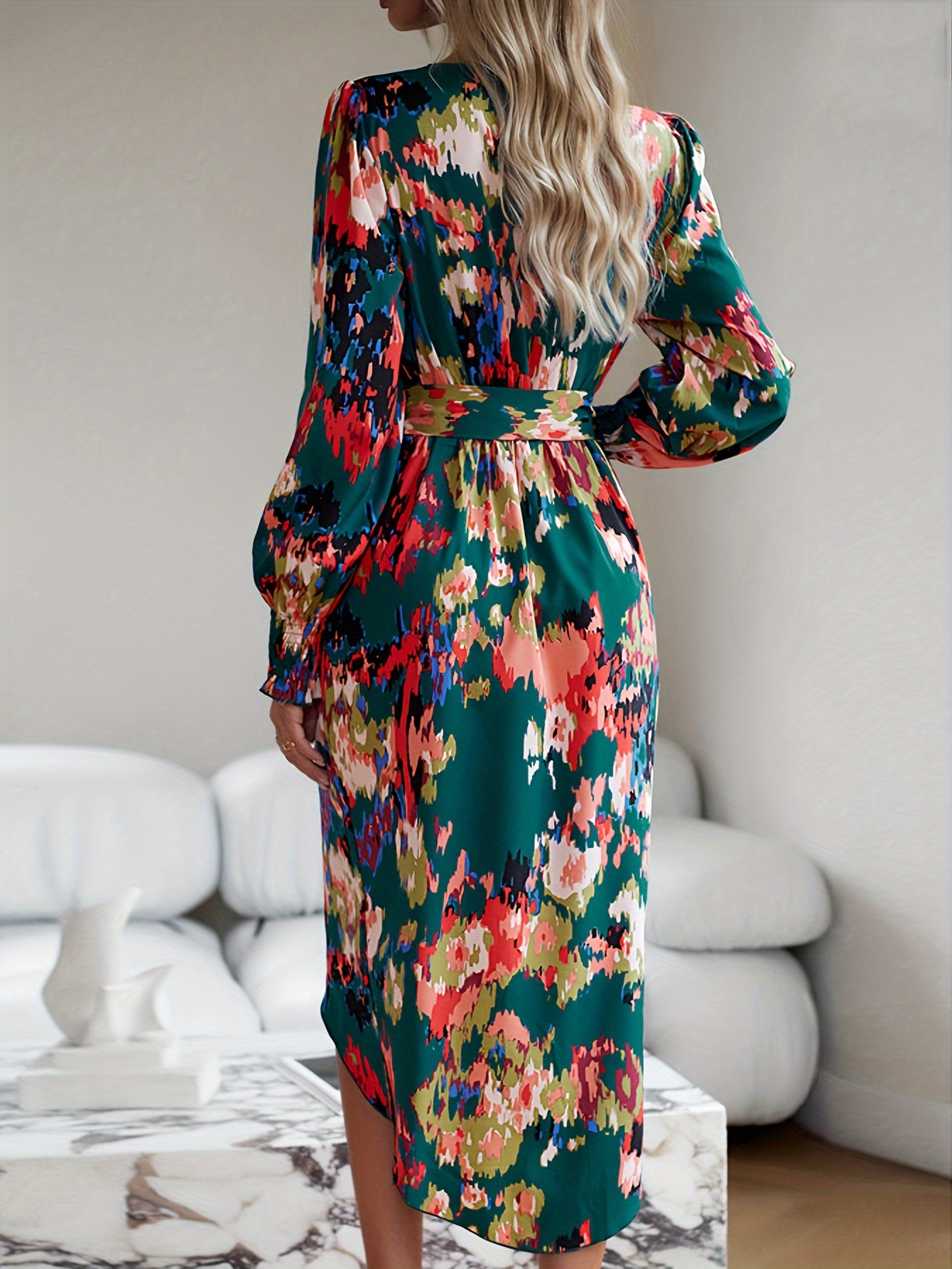 allover print wrap dress elegant v neck long sleeve dress womens clothing details 0