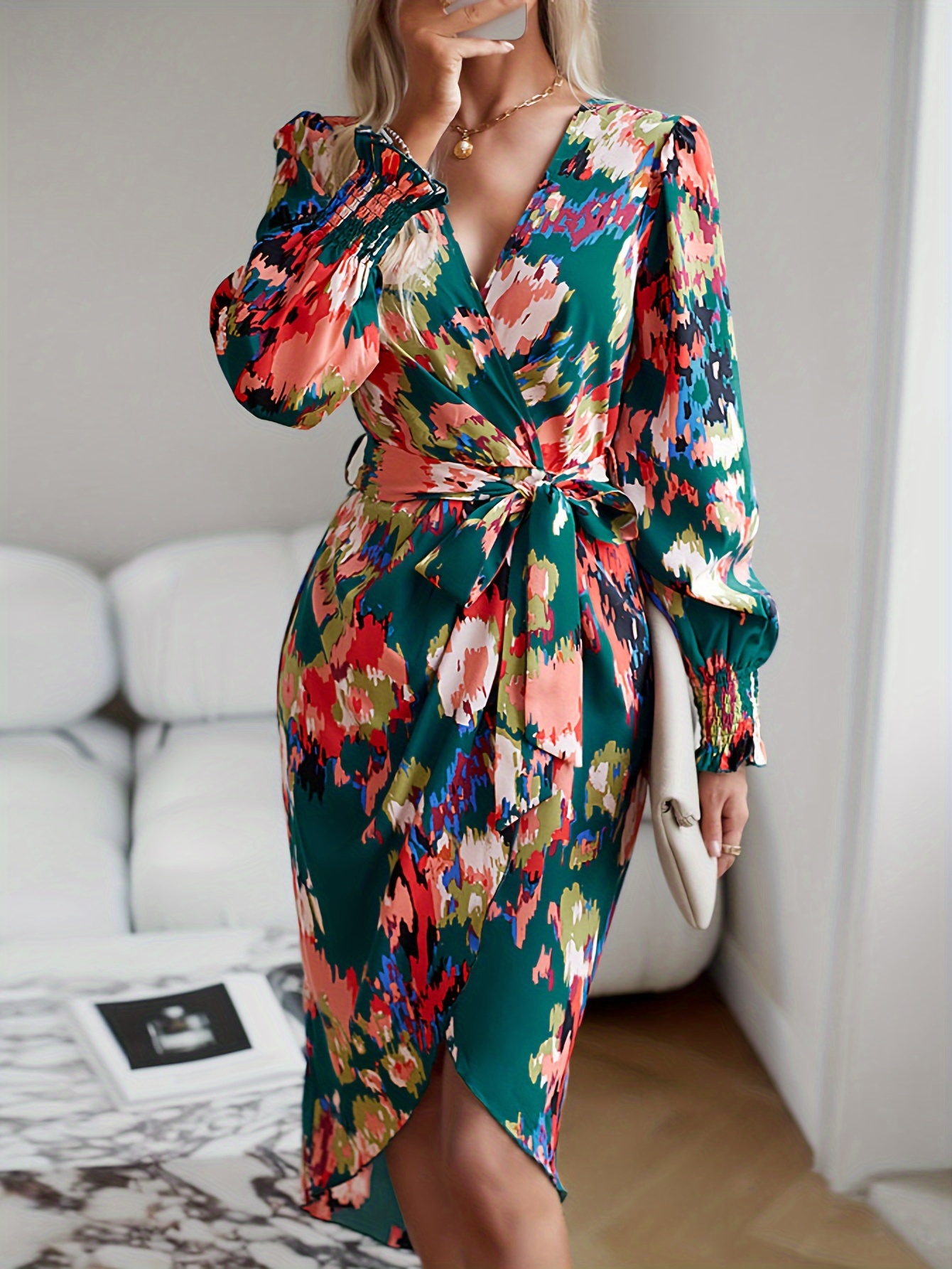 allover print wrap dress elegant v neck long sleeve dress womens clothing details 3